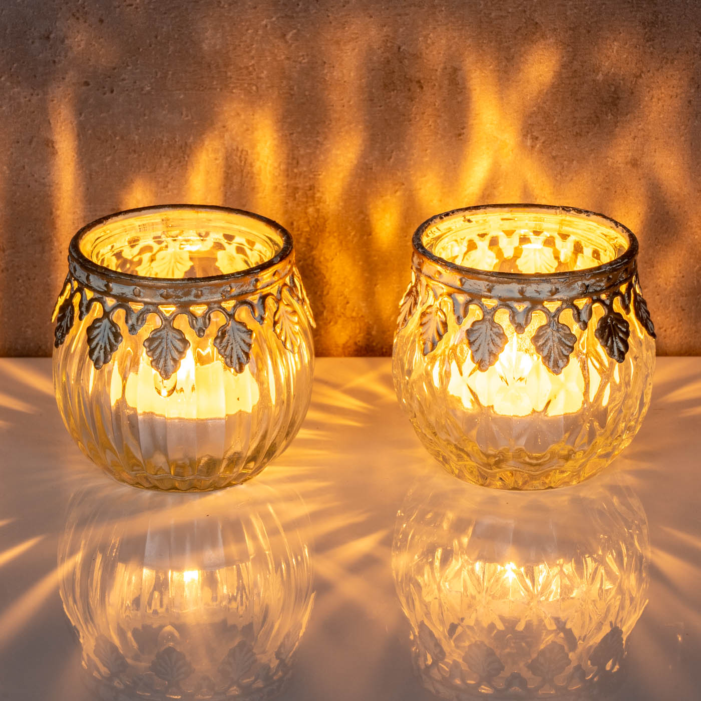 2er Set Glas Windlichter H5cm Klar Gold Teelichthalter Kerzenhalter Tischdeko