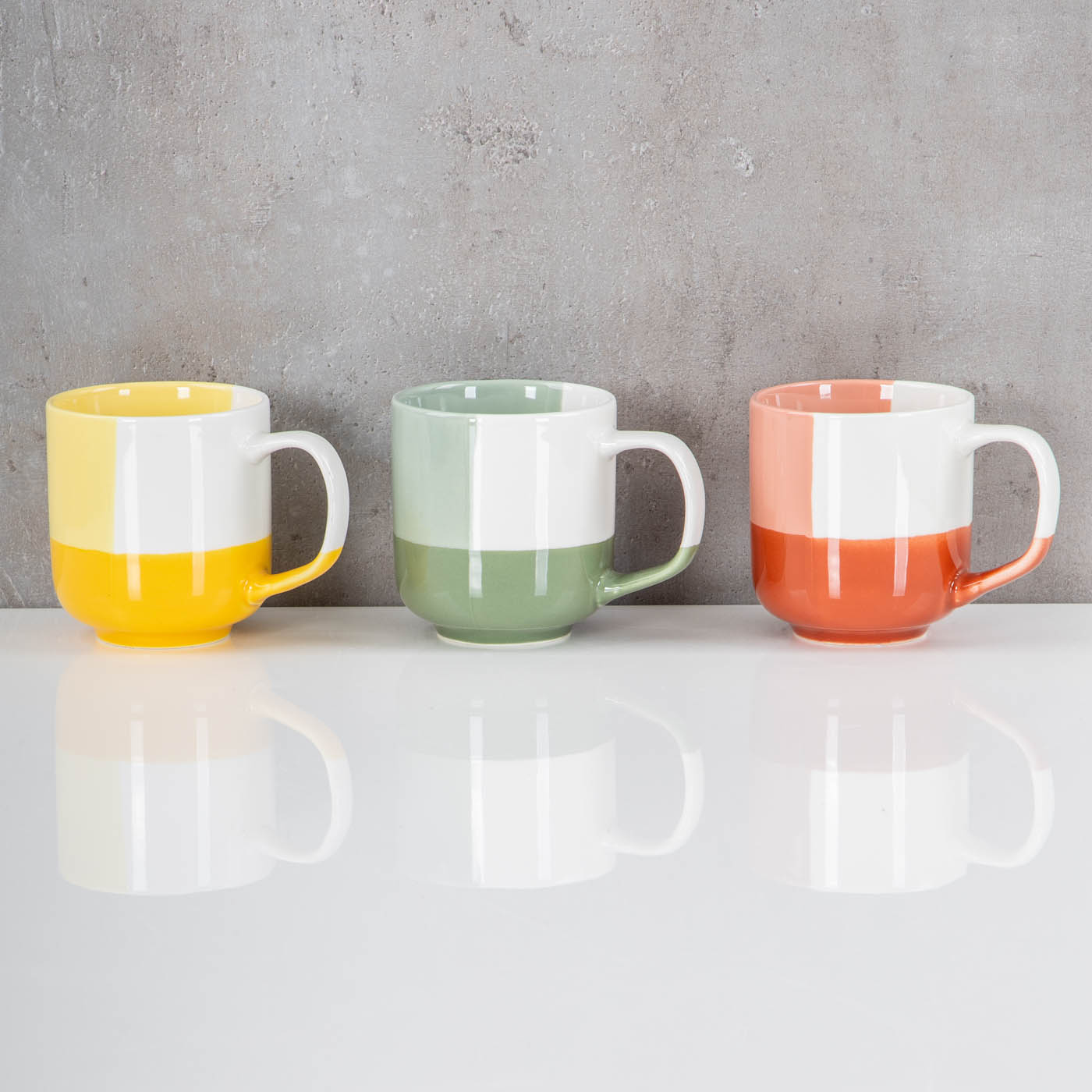3er Set Bunte Tassen 330ml Porzellan Gelb Grün Rot Kaffeetasse Becher Modern Design