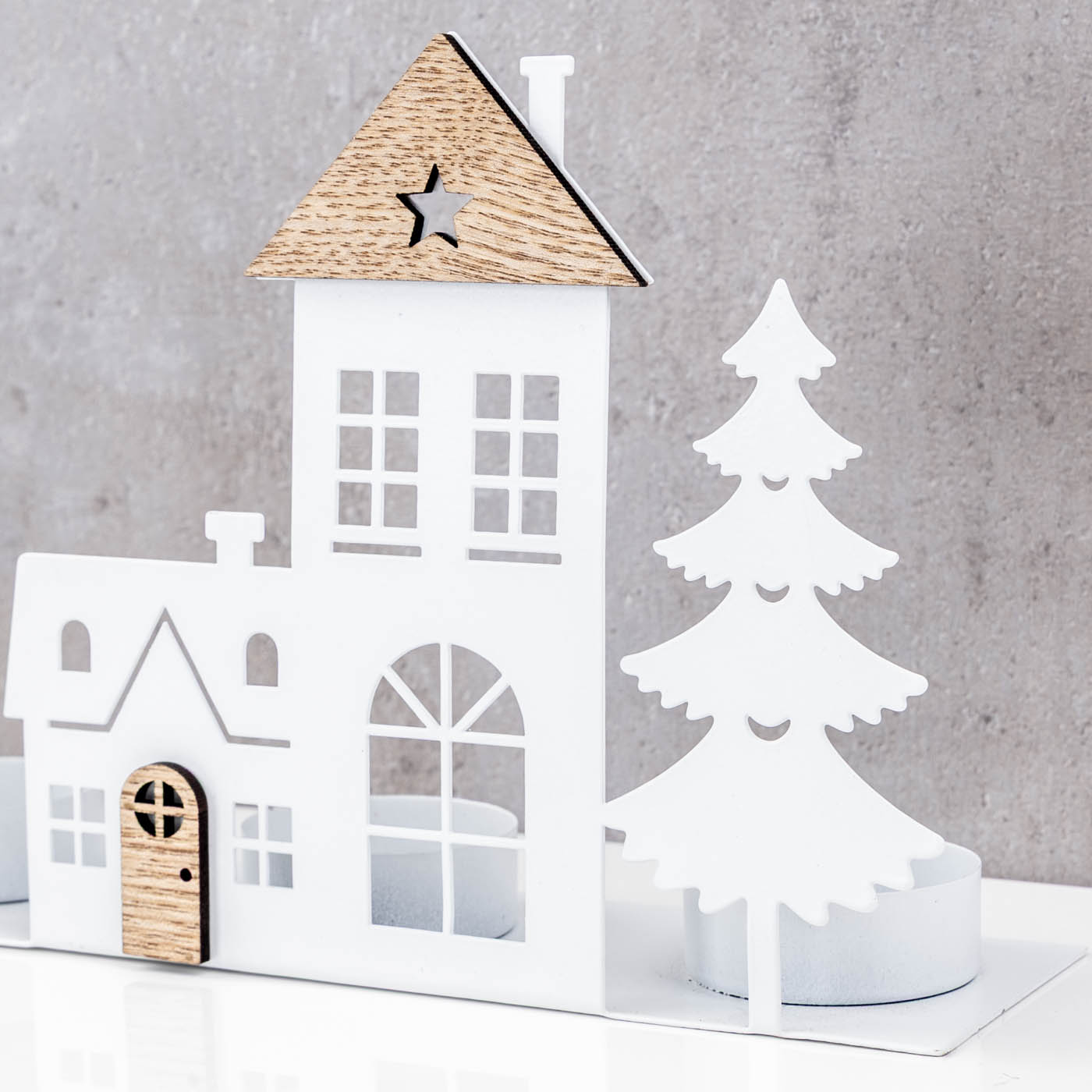 Teelichthalter Häuser Weiß 4 Kerzen MDF Holz Metall Weihnachtsdorf Advent Kerzen