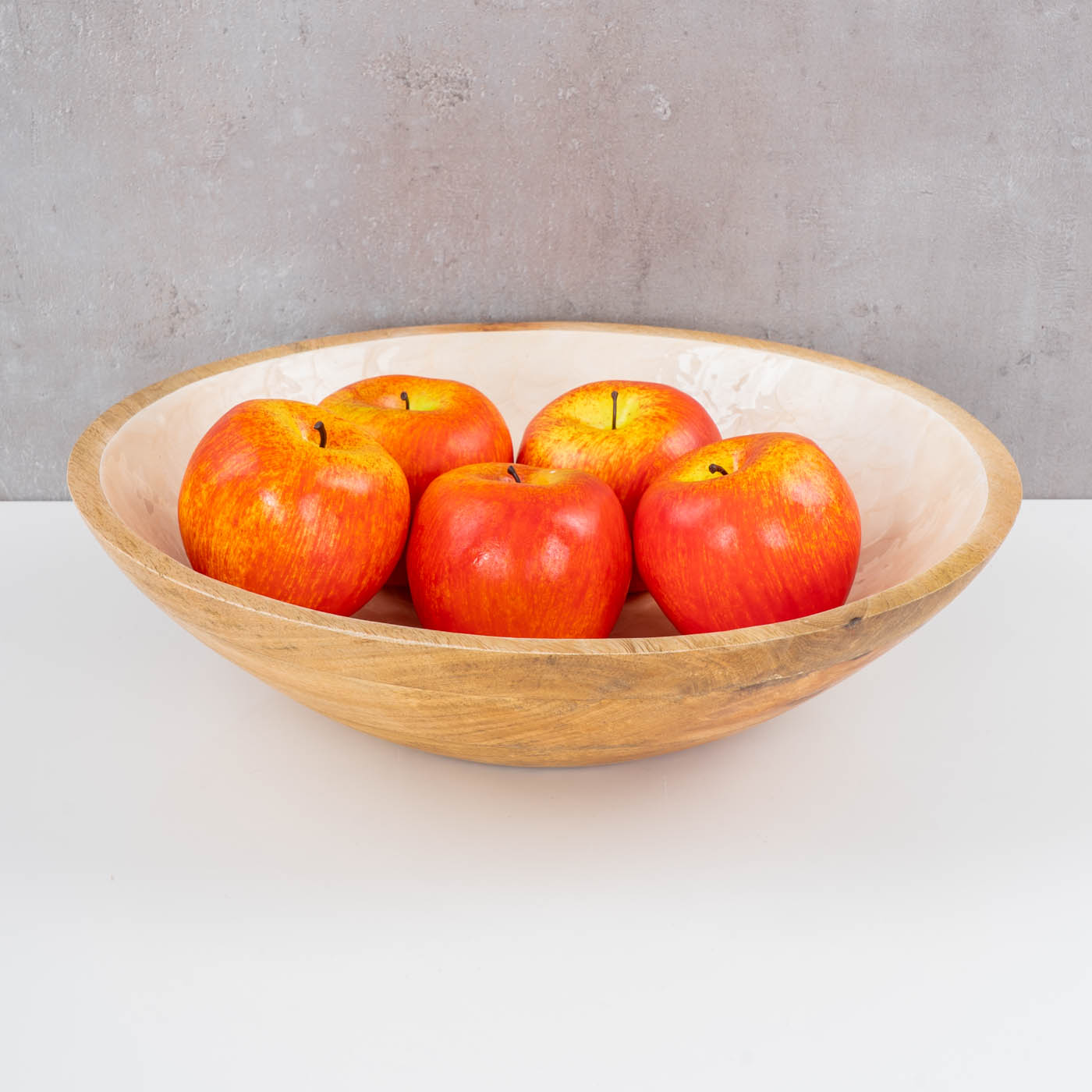 Schüssel 35cm Mango Holz Creme Perlmutt Emaille Schale Bowl Salatschüssel Deko