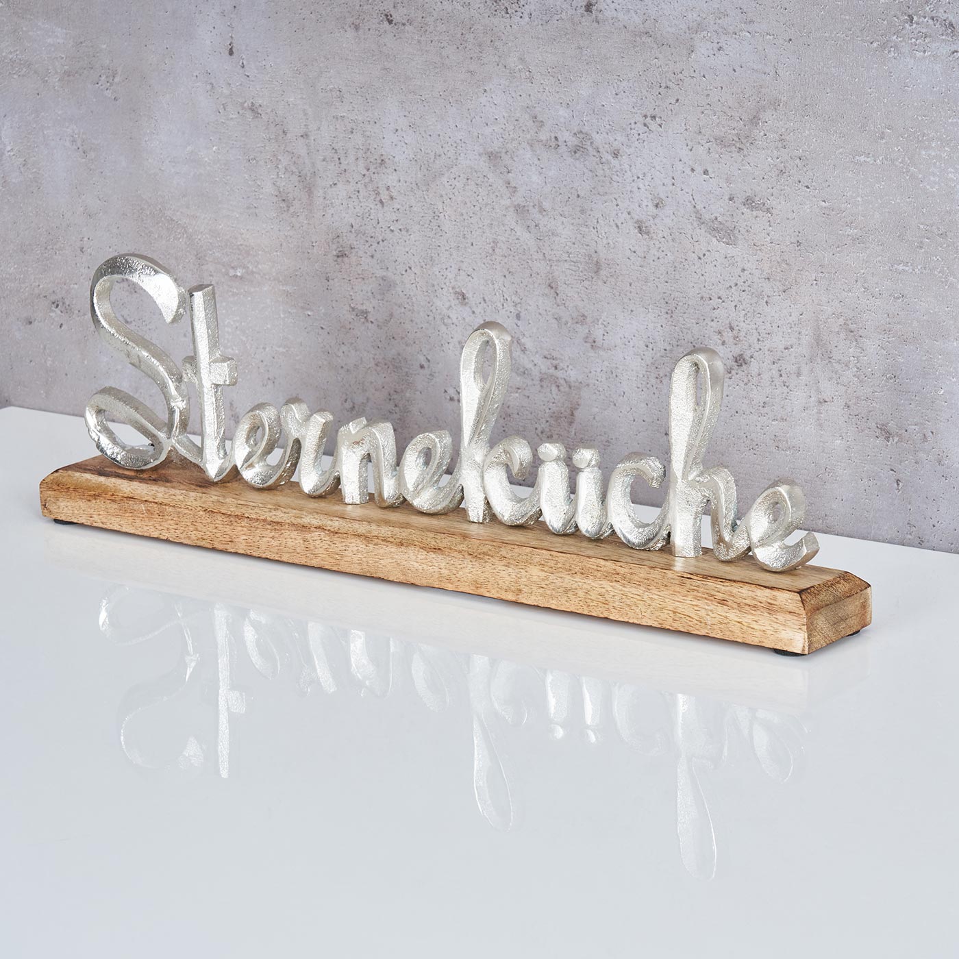 Schriftzug Sterneküche L40cm Metall Silber Mango Holz Tischdeko Deko Aufsteller
