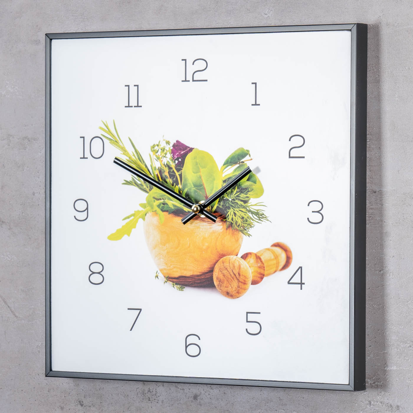 Wanduhr 30x30cm Uhr PVC Rahmen Schwarz Küche Kräuter Gewürze Deko Gewürze Bild