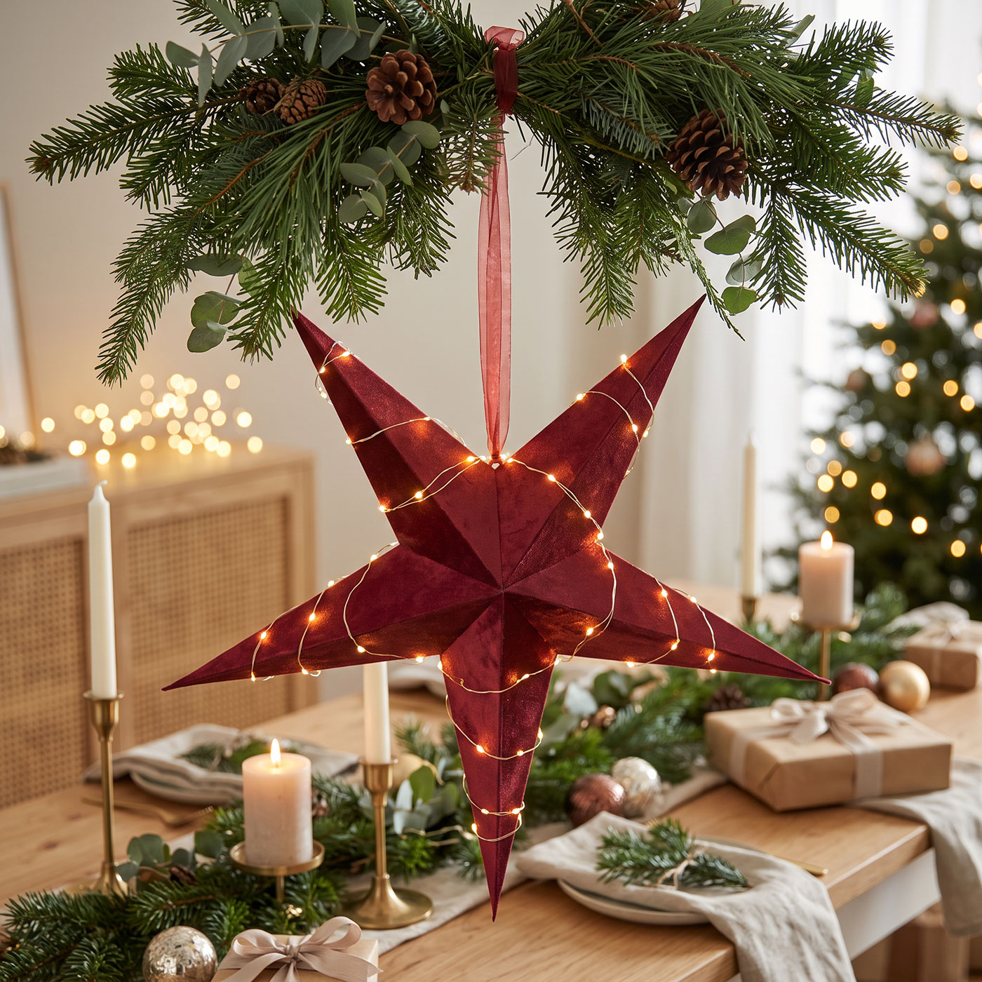 Leuchtstern Rot 5 Zacken Samt Weihnachtsstern Deko Stern Lampe Lichterkette