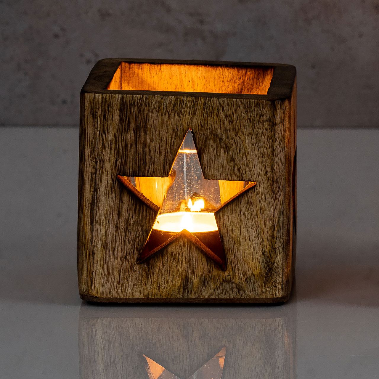 2er Set Windlicht Stern Herz 9cm Mangoholz Teelicht Teelichthalter Kerze Glas