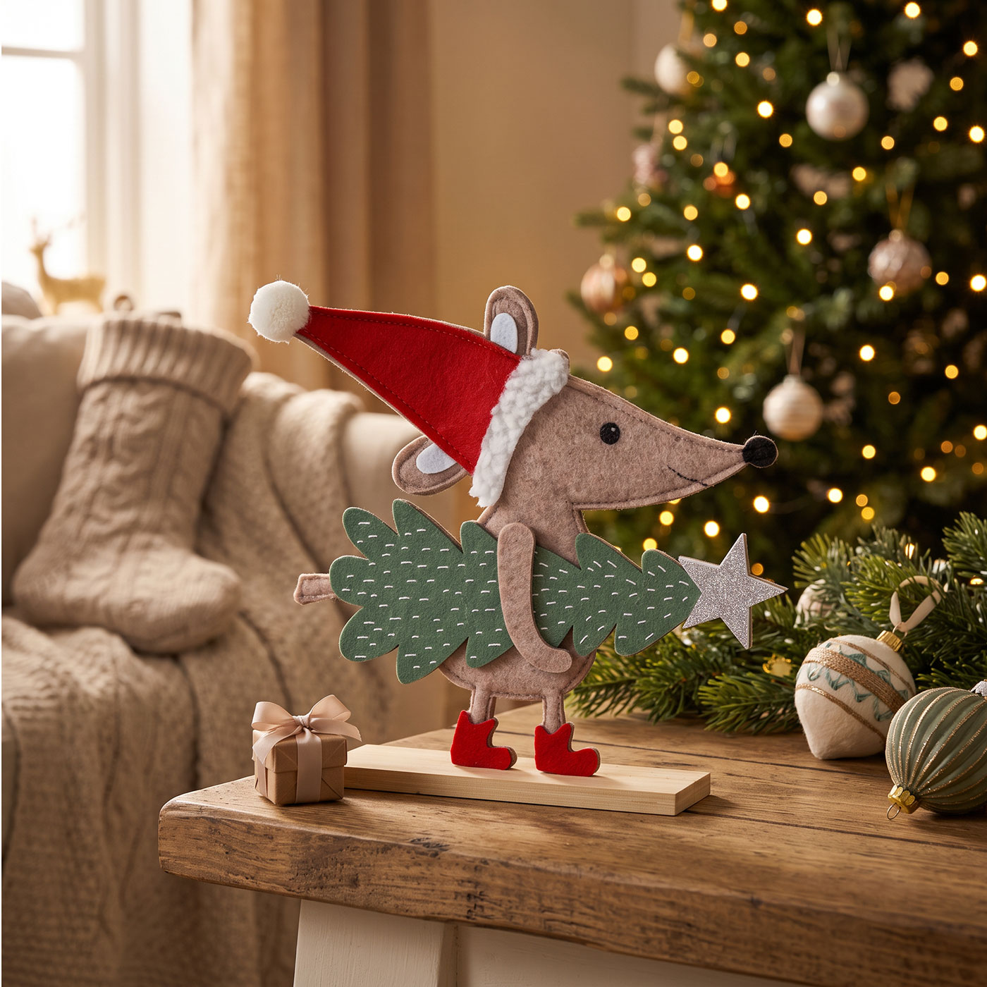Deko Aufsteller Weihnachtsmaus 25x21cm Filz Bambus Holz Weihnachtsdeko Maus Figur