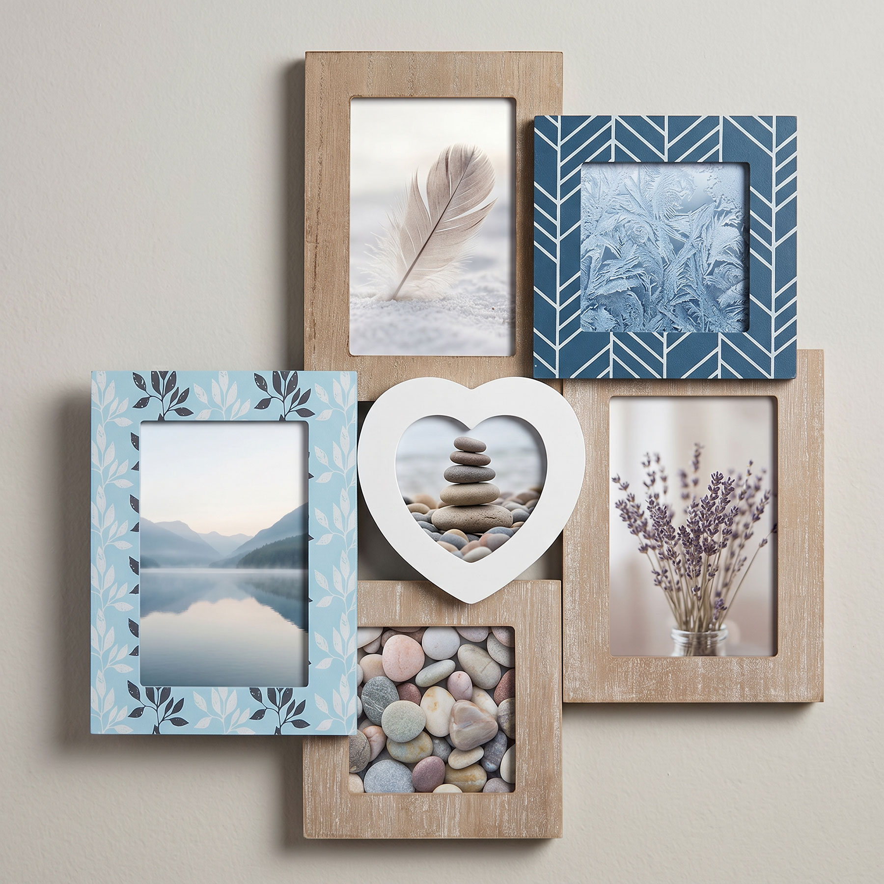 Fotocollage 6 Fotos Bilderrahmen MDF Holz Blau Weiß Bildergalerie Wanddeko Herz