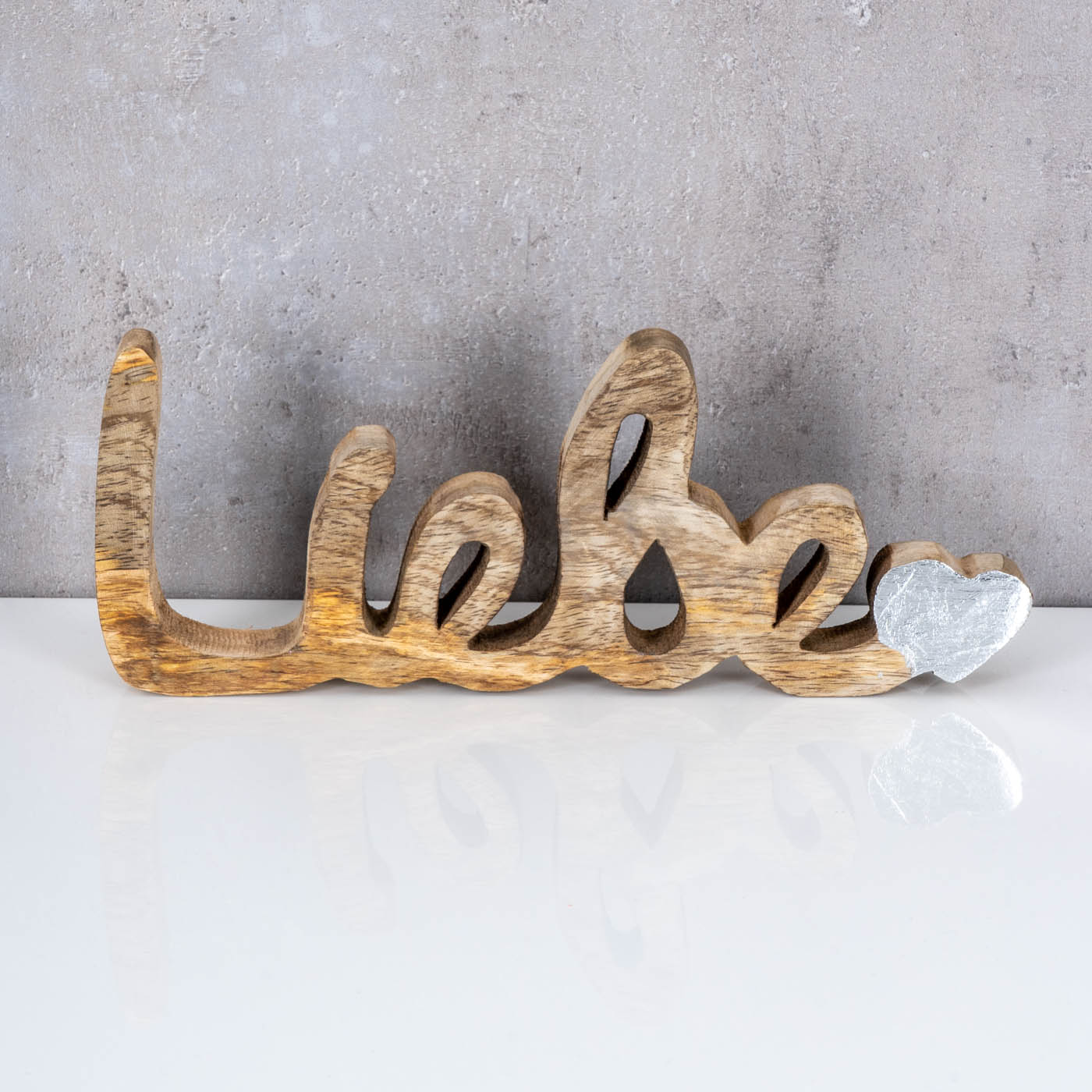 Schriftzug Liebe L26cm Mango Natur Silber Holz Buchstaben Tischdeko Deko Love