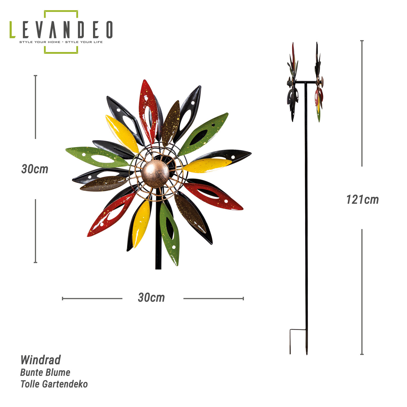 Gartenstecker Metall Windrad H120cm Blume Bunt Gartendeko Windmühle Windspiel