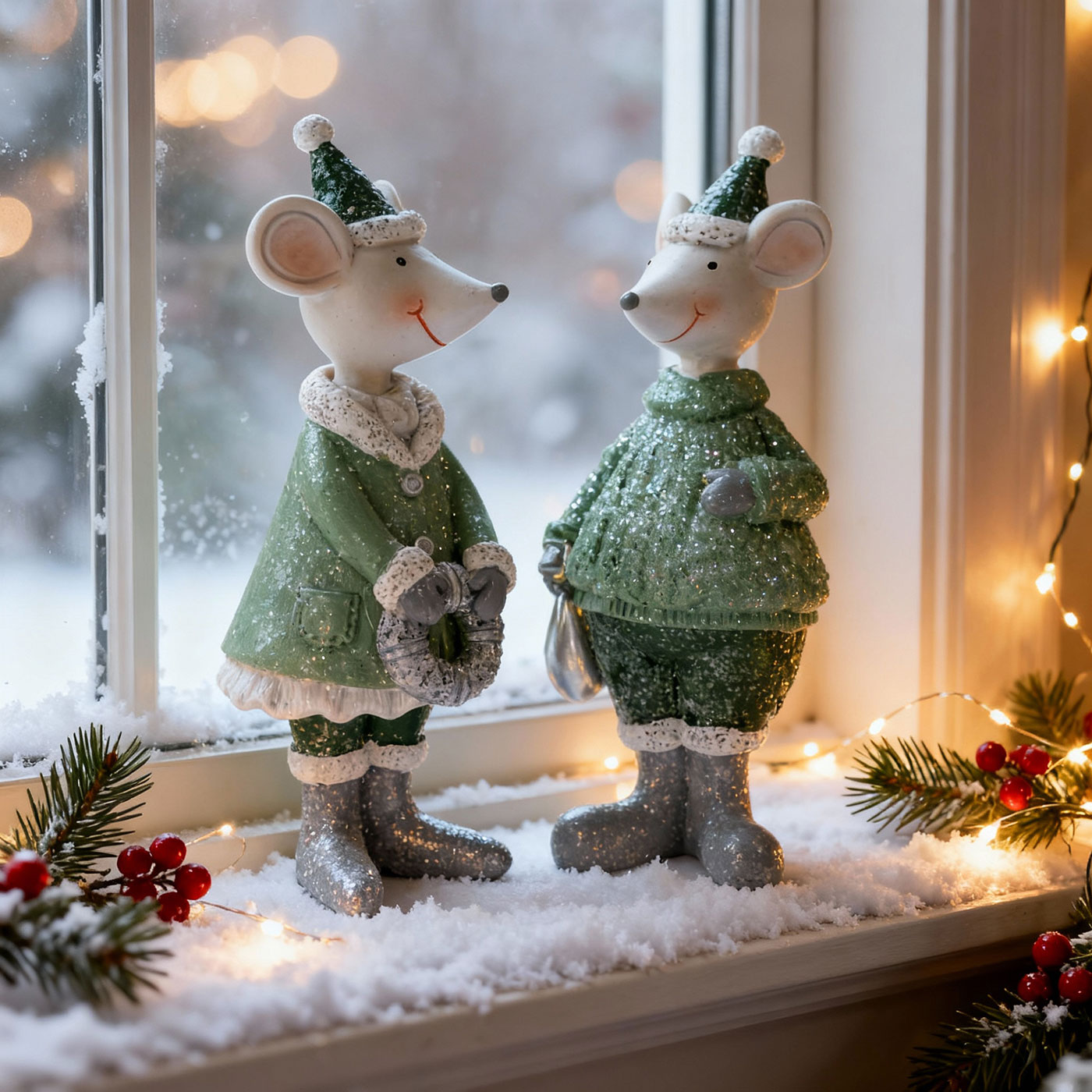 2er Set Maus Figuren Weihnachten Kunstharz Grün Weiß Weihnachtsdeko Tisch-Deko