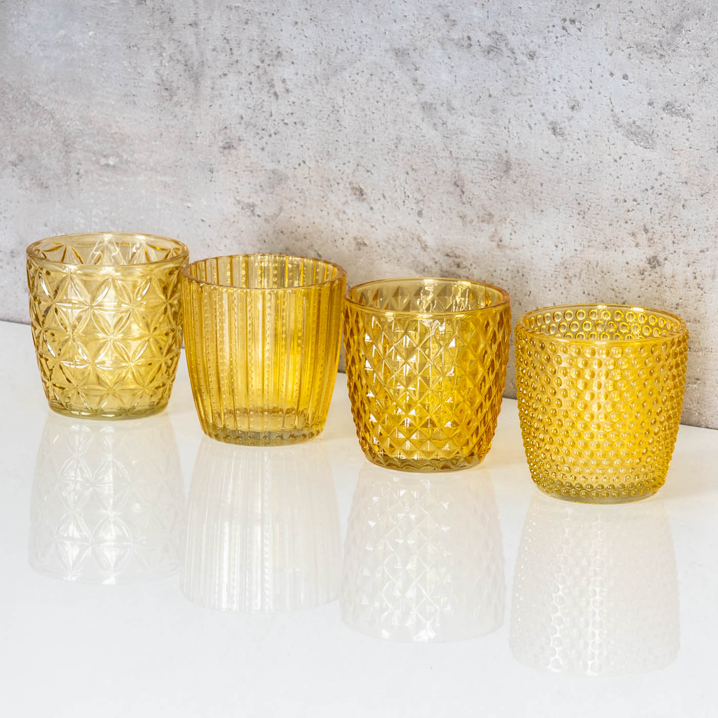 4er Set Windlicht H7,5cm Glas Gelb Teelichthalter Tischdeko Kerzen Retro Deko