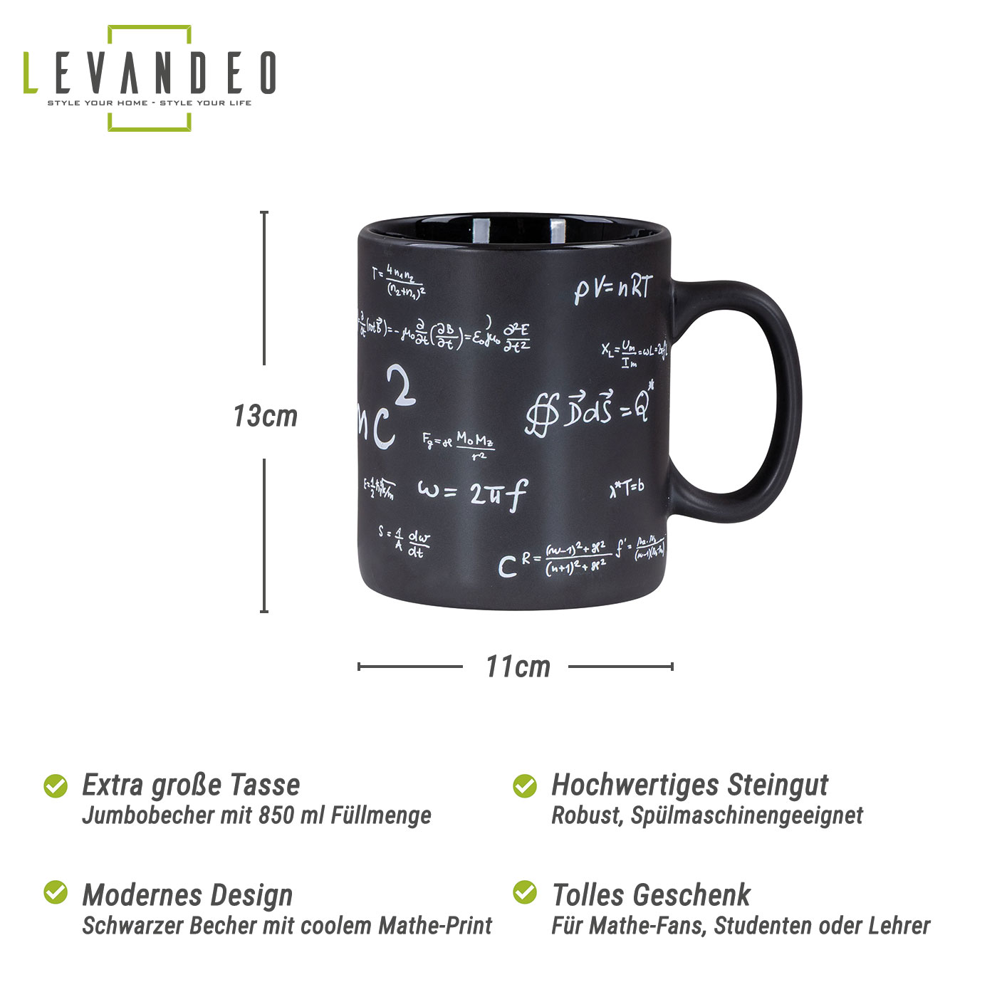 XXL Tasse 850ml Jumbotasse Steingut Schwarz Mathematik Kaffeetasse Kaffeebecher
