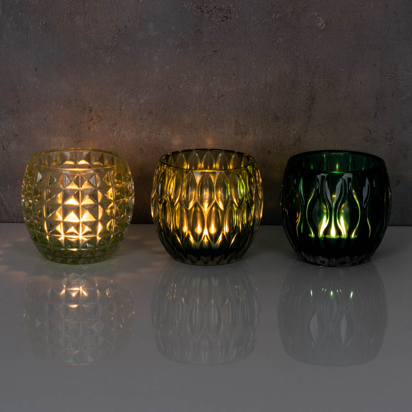 3er Set Windlichter 10x8,5cm Grün Glas Deko Teelichthalter Kerze Tischdeko Retro