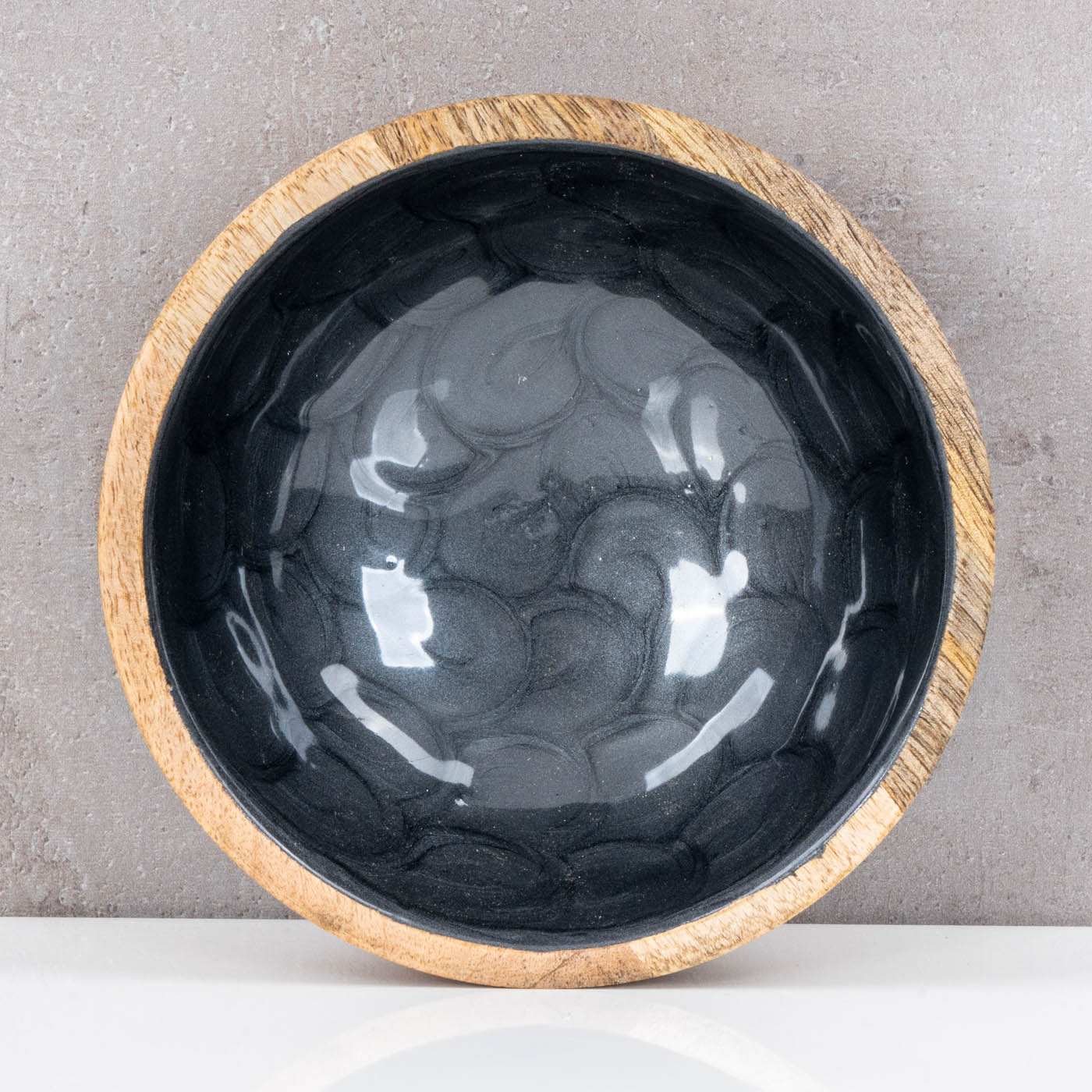 Schüssel 15cm Mango Holz Grau Perlmutt Emaille Schale Bowl Salatschüssel Deko