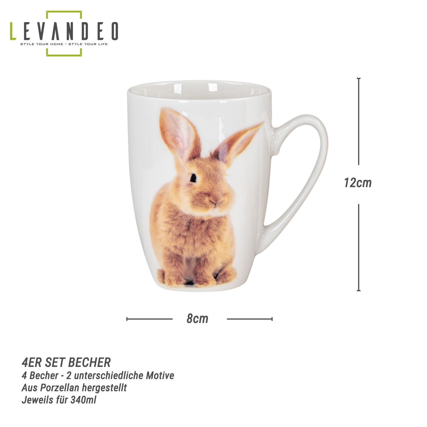 4er Set Kaffeetasse Ostern Hase Porzellan 340ml Kaffeepott Tasse Osterbecher