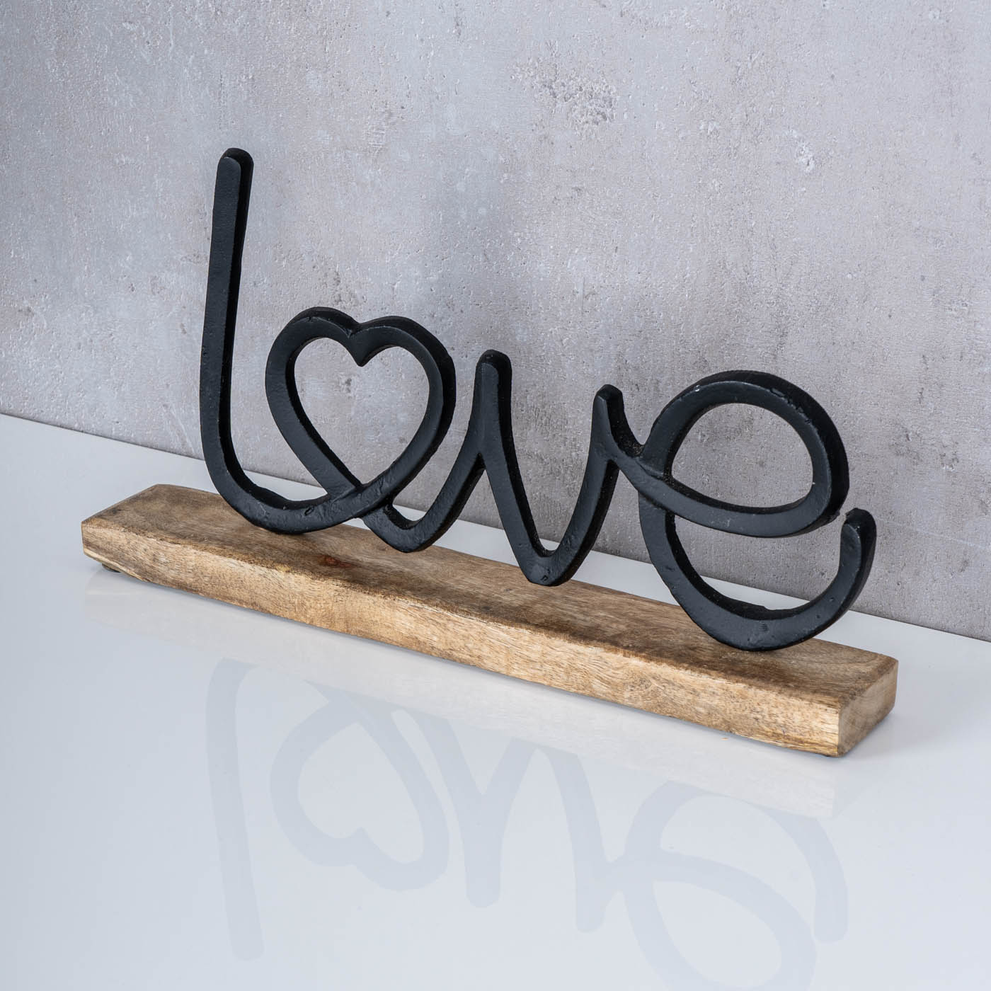 Aufsteller Schriftzug Love H17cm Metall Schwarz Holz Deko Mangoholz Tischdeko