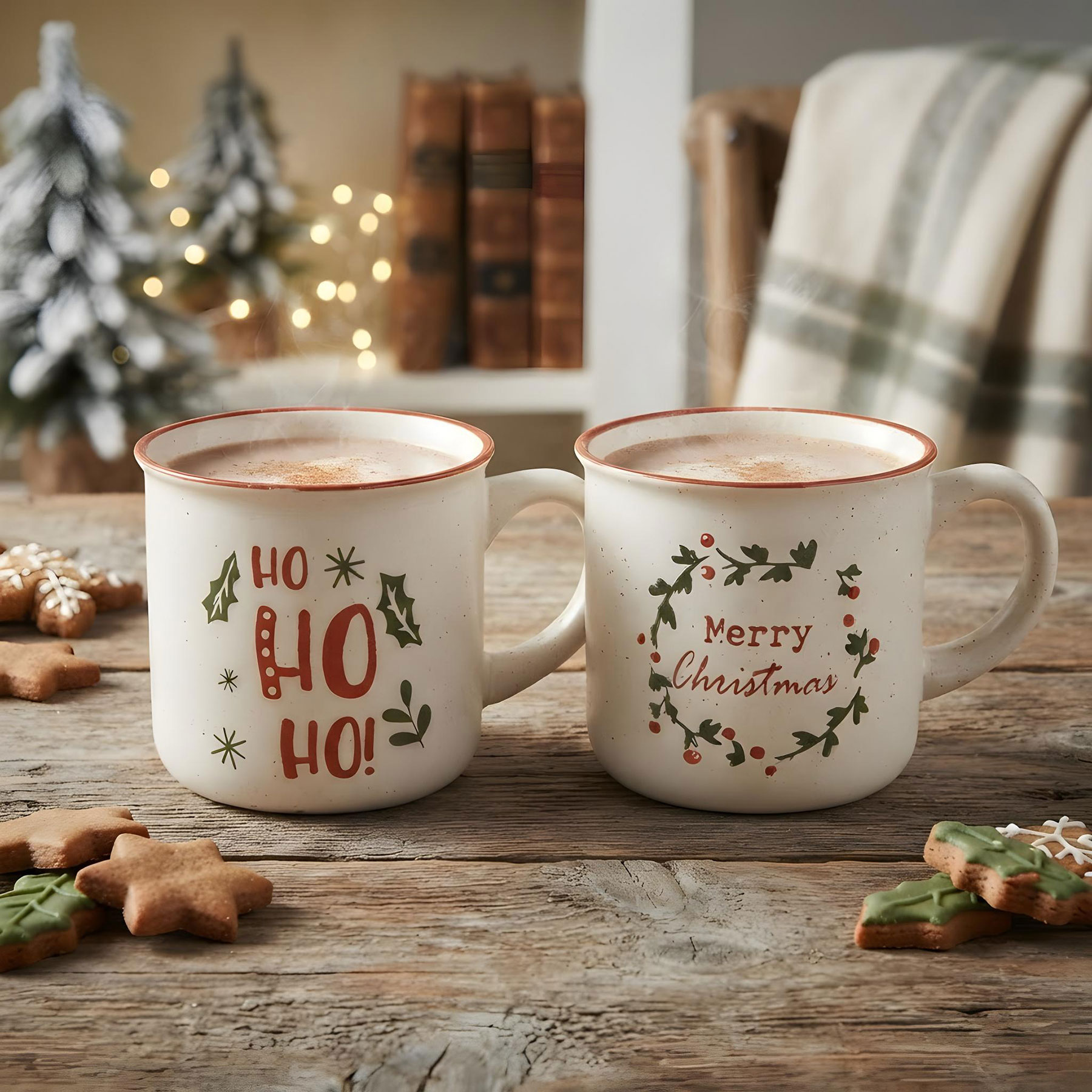 2er Set Tassen Weihnachten HoHoHo 330ml Steingut Kaffeetasse Rot Grün Becher