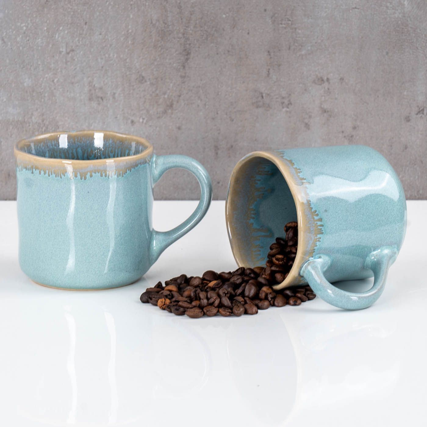 4er Set Steingut Becher 350ml Tasse Grün Kaffeepott Tasse Modern Design Küche