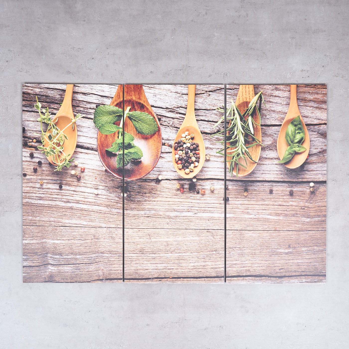 3er Set Wandbild 90x60cm Aluminium Dibond Kräuter Gewürze Küche Deko Wanddeko