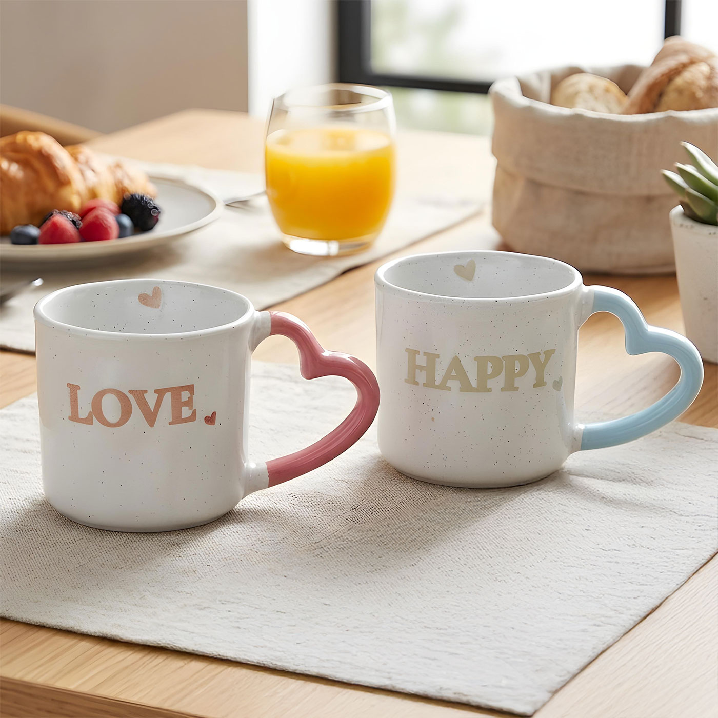 2er Set Tassen Steingut 350ml Herz Happy Love Kaffeebecher Kaffeetasse Geschenk