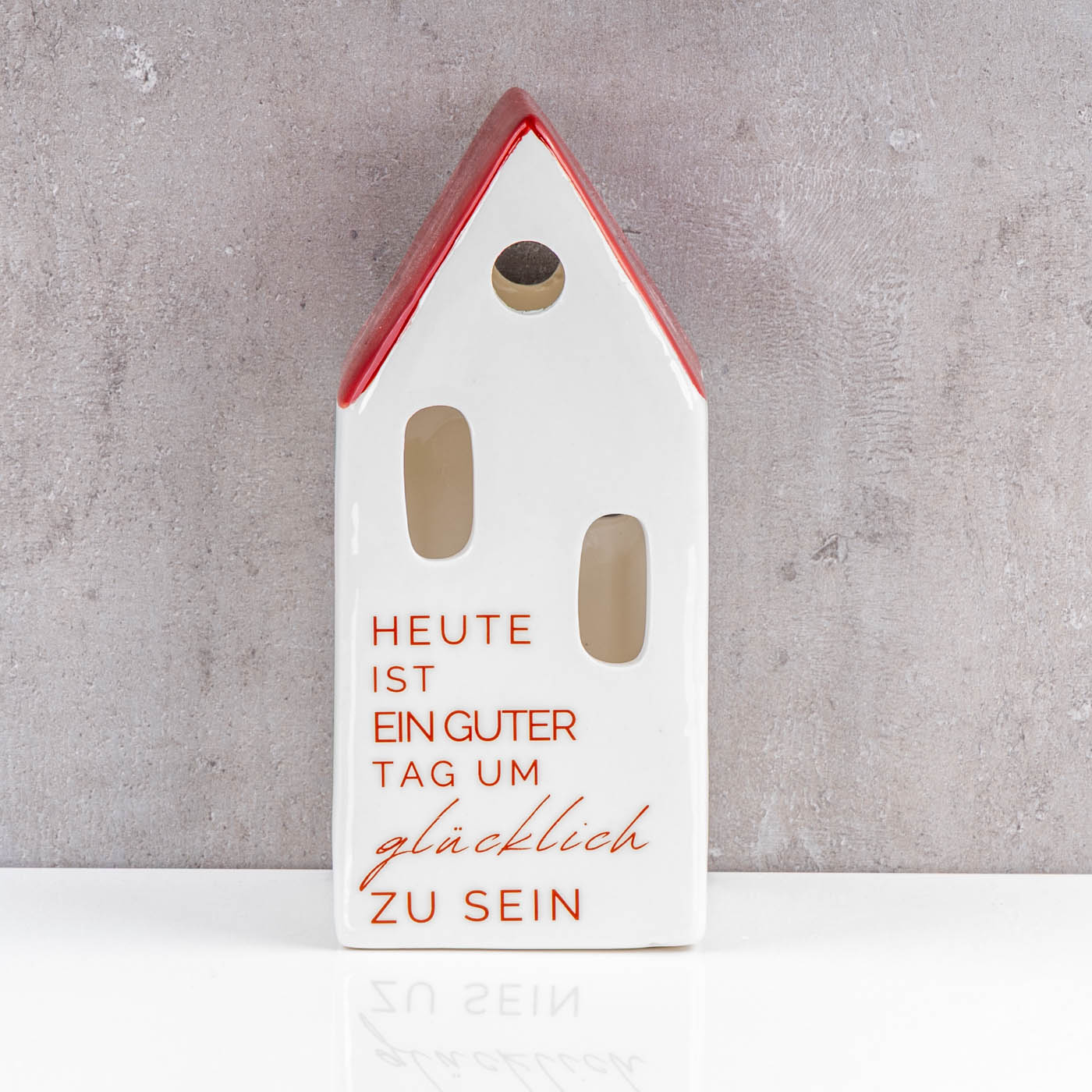 LED Haus Weiß Rot Porzellan Tischdeko Spruch Deko Aufsteller Schriftzug Lichthaus