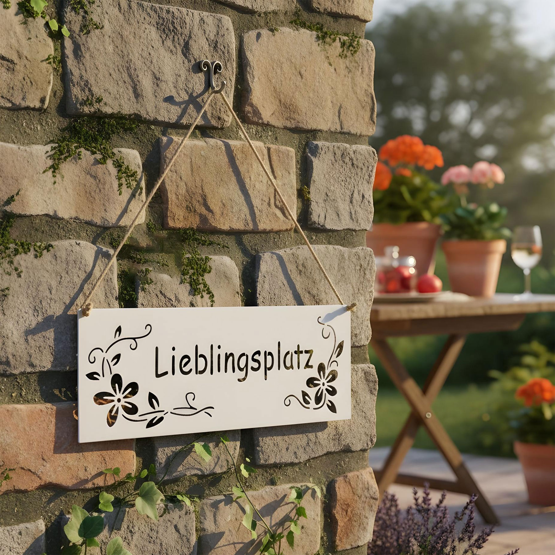 Schild Lieblingsplatz 25x9cm Außen Garten-Deko Weiß Blumen Metall Türschild
