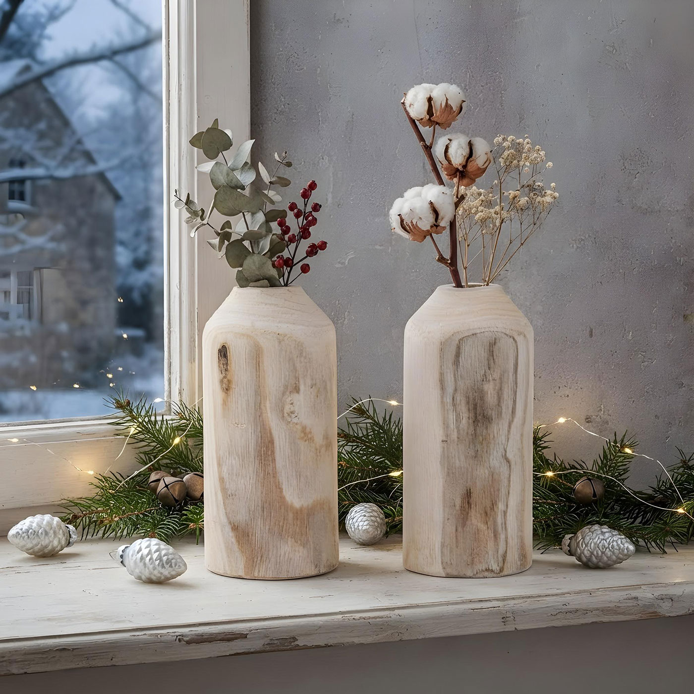 2er Set Vase aus Holz für Trockenblumen H25cm Natur Holzvase Tischdeko Tischvase