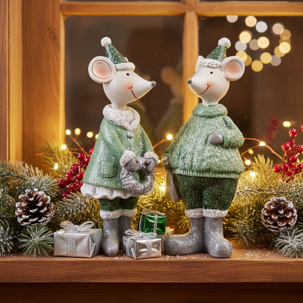 2er Set Maus Figuren Weihnachten Kunstharz Grün Weiß Weihnachtsdeko Tisch-Deko