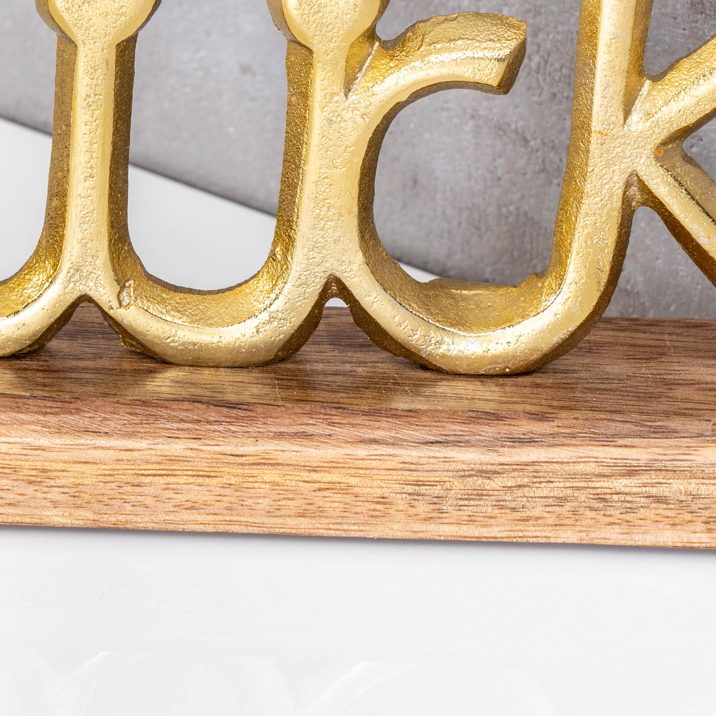 Schriftzug Glück L30cm Metall Gold Mango Holz Tischdeko Deko Aufsteller