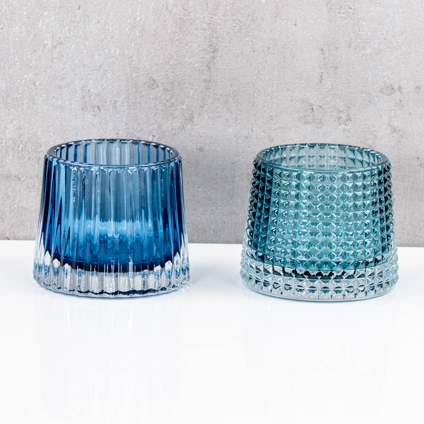 2er Set Teelichthalter H7cm Glas Blau Kerzenhalter Tischdeko Kerzen Retro Deko