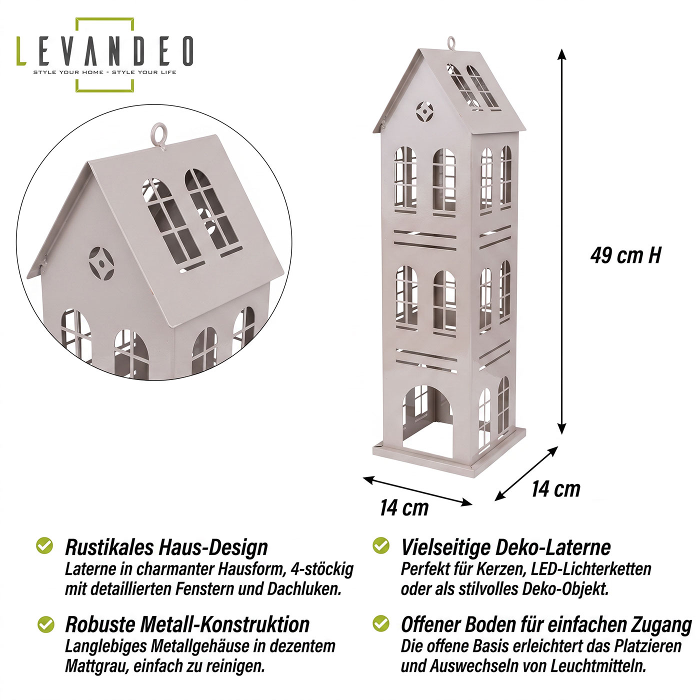Metall Laterne Haus Grau H49cm Dekohaus Windlicht Hausform Kerzenhalter Deko