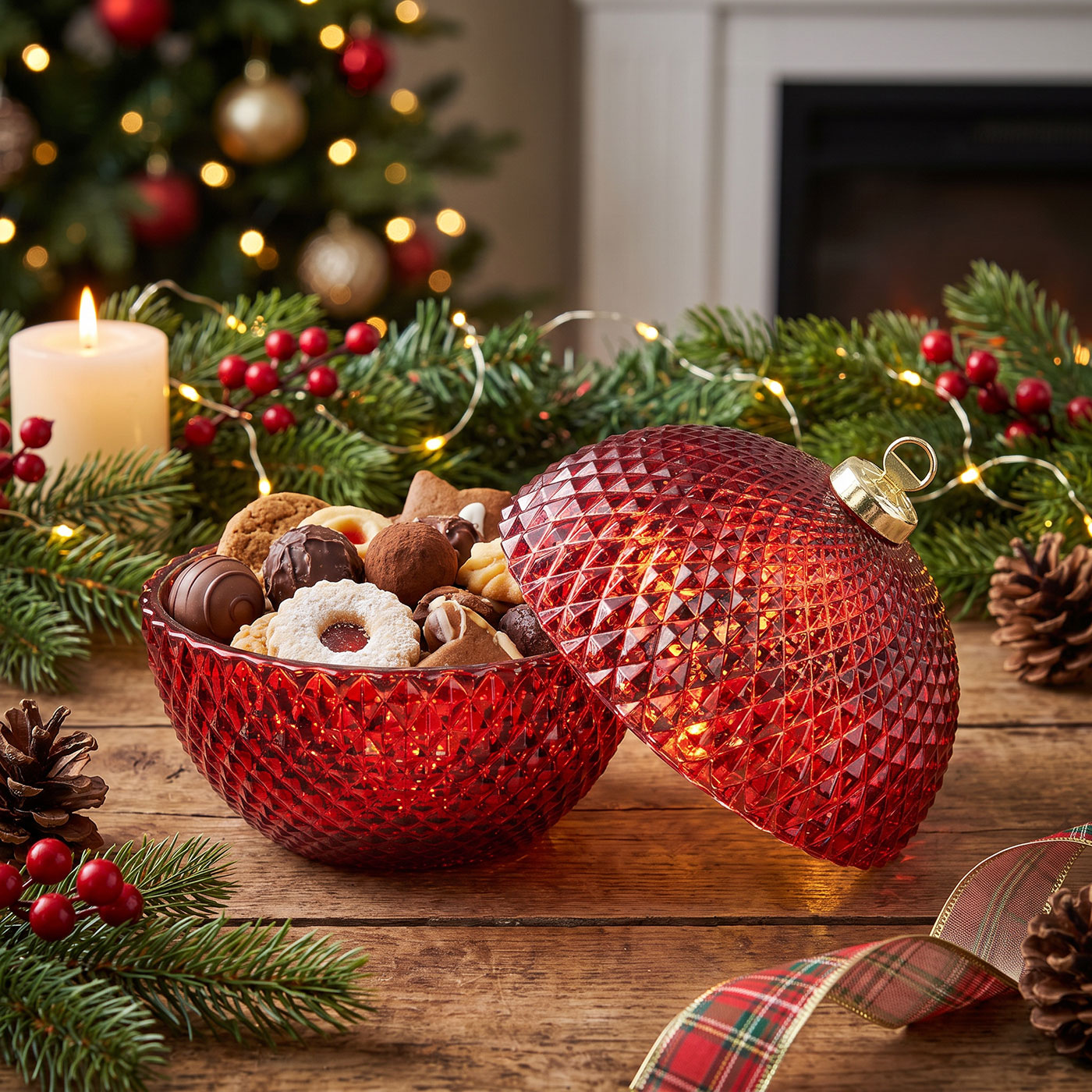 Deko Dose Weihnachten Ø13cm Weihnachtskugel Bonbon Glas Rot Tischdeko Candy Bar