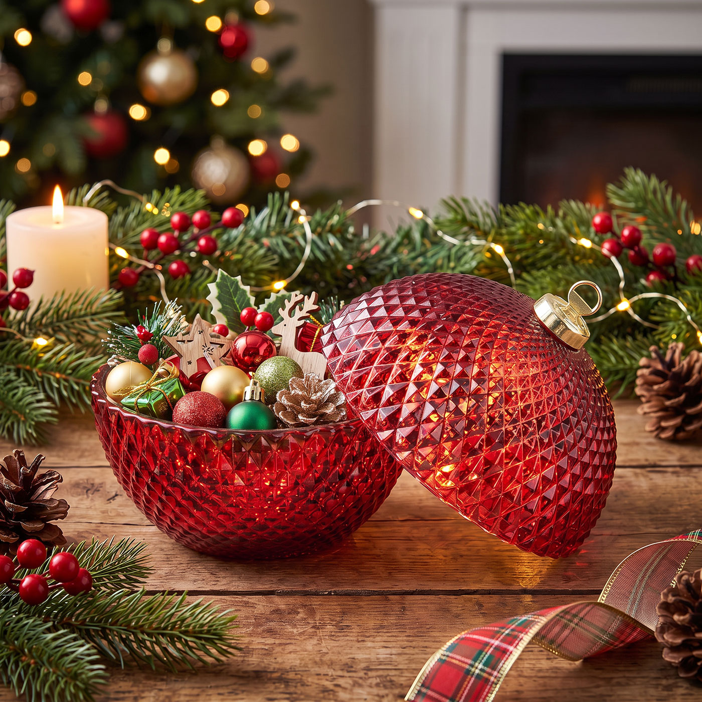 Deko Dose Weihnachten Ø13cm Weihnachtskugel Bonbon Glas Rot Tischdeko Candy Bar
