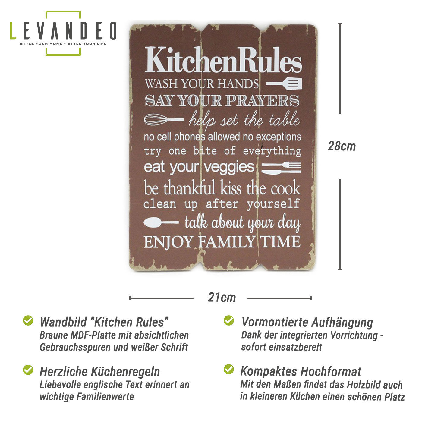 Wandbild Kitchen Rules 28x21cm Holz Braun Shabby Chic Vintage Küche Deko Schild
