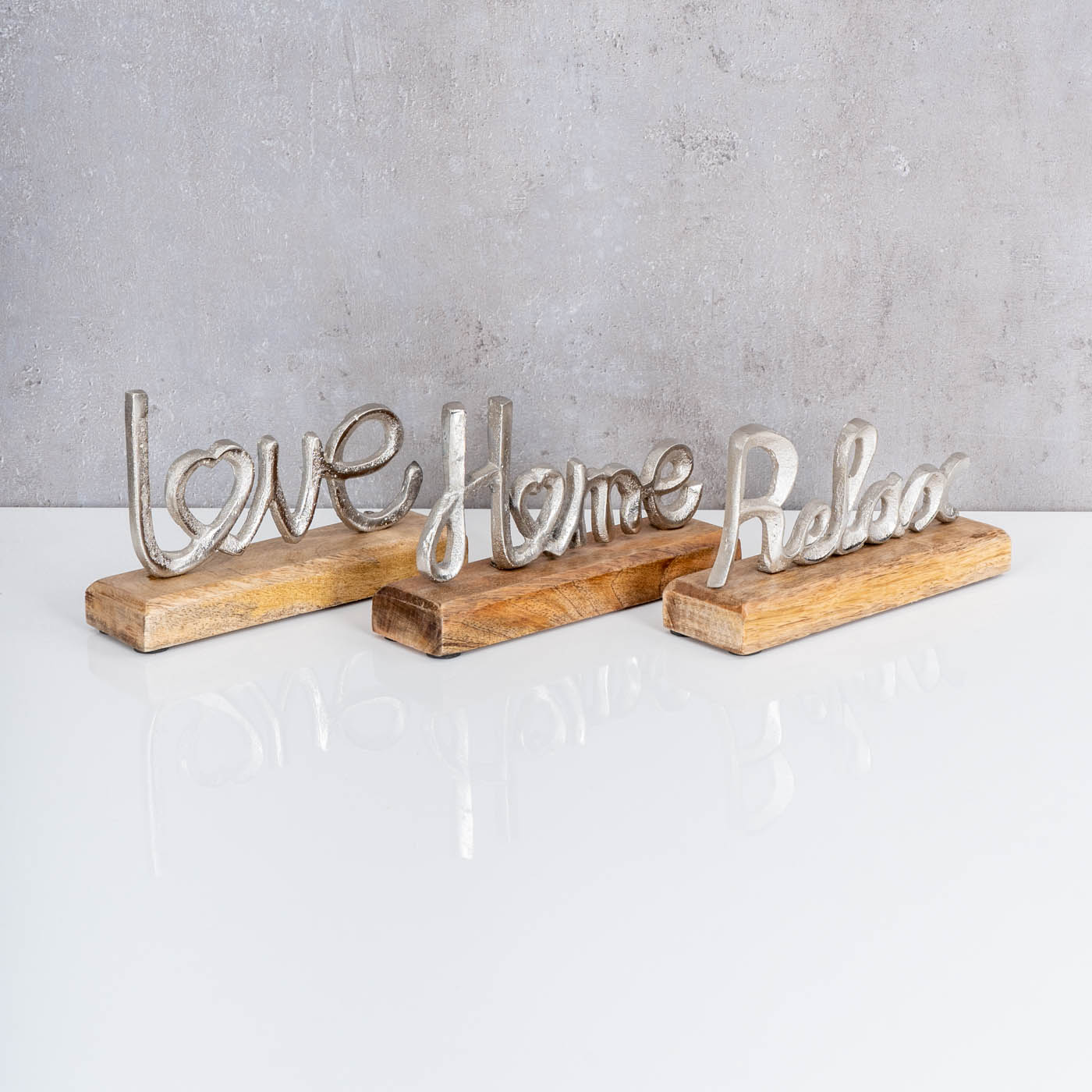 3er Set Schriftzug Love Home Relax Silber Mango Holz Metall Aufsteller Deko