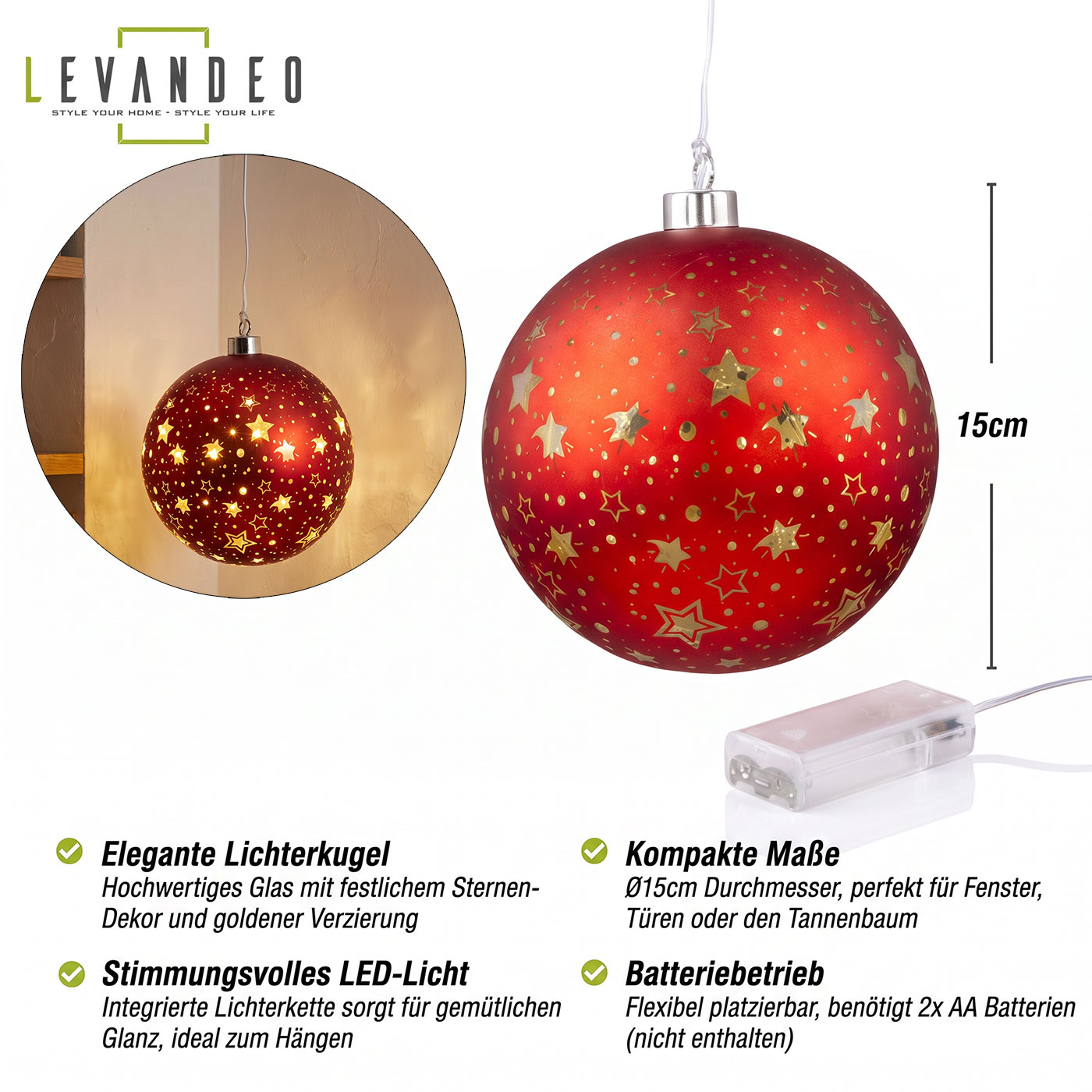 LED Deko Kugel 15cm Rot Gold Weihnachten Sterne Weihnachtskugel Hängedeko