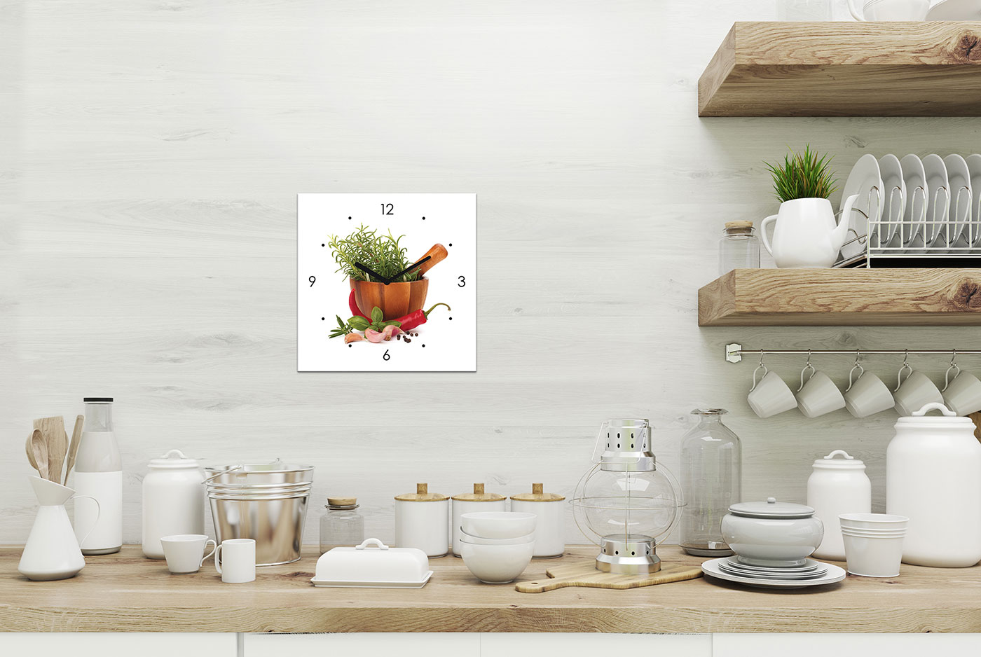 Wanduhr Glas 20x20cm Kräuter Schale Chili Uhr Glasbild Küche Küchenbild Deko