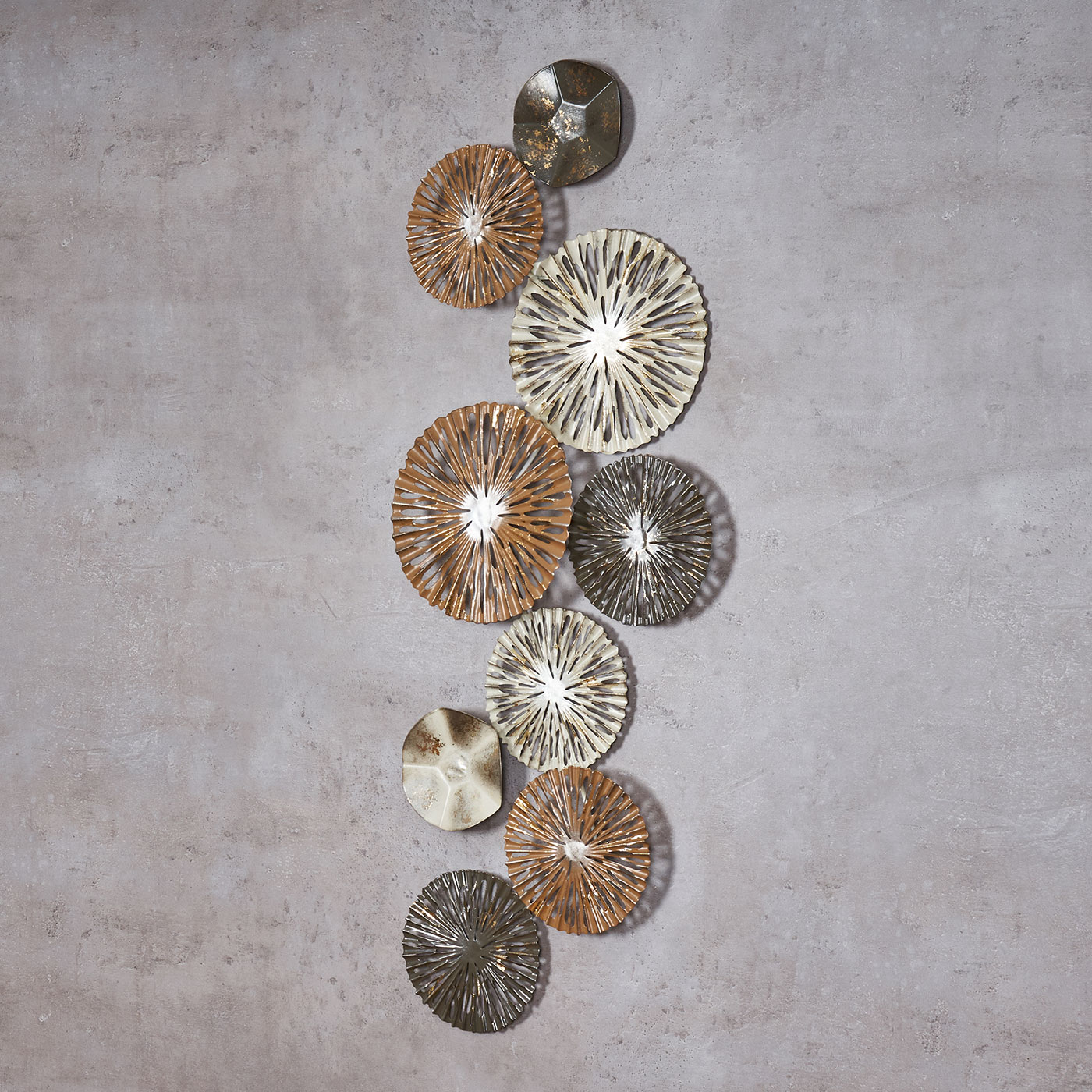 3D Wandbild 33x87cm Ringe Kreise Metall Braun Gold Deko Teller Wanddeko Design
