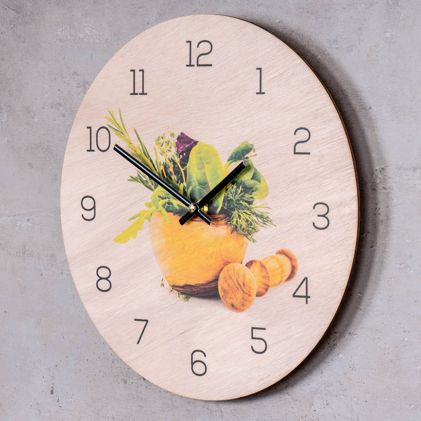 Wanduhr Holz 30x30cm Rund Holzuhr Uhr Holzbild Küche Kräuter Gewürze Deko