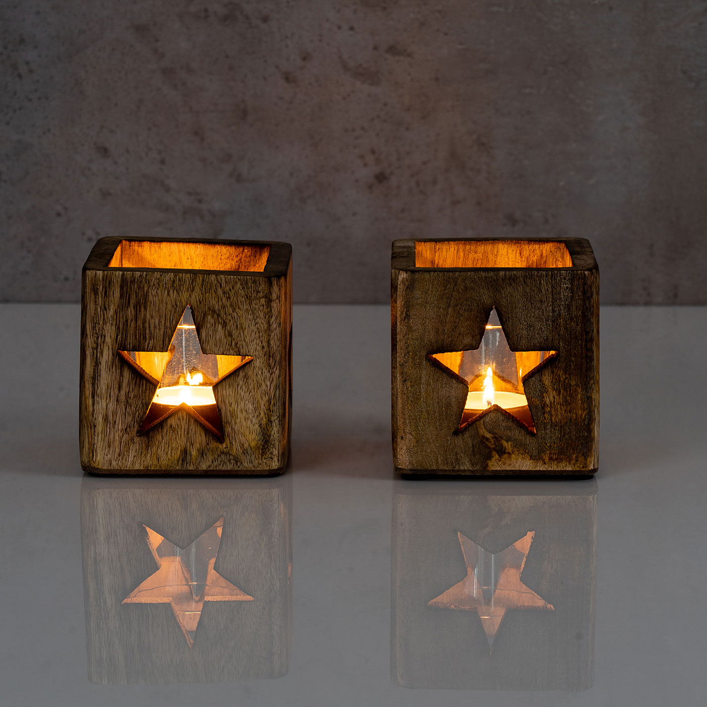 2er Set Windlicht Stern 9cm Mangoholz Teelicht Glaseinsatz Teelichthalter Kerze