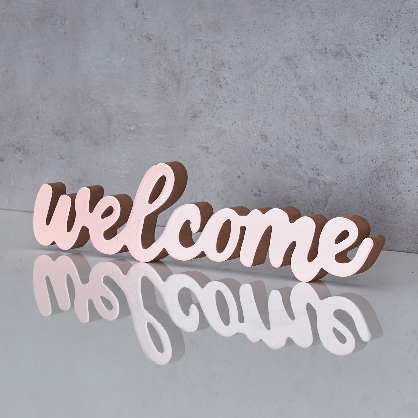 Schriftzug Welcome L31cm Pastell Rosa Holz Tischdeko Deko Aufsteller Wohndeko