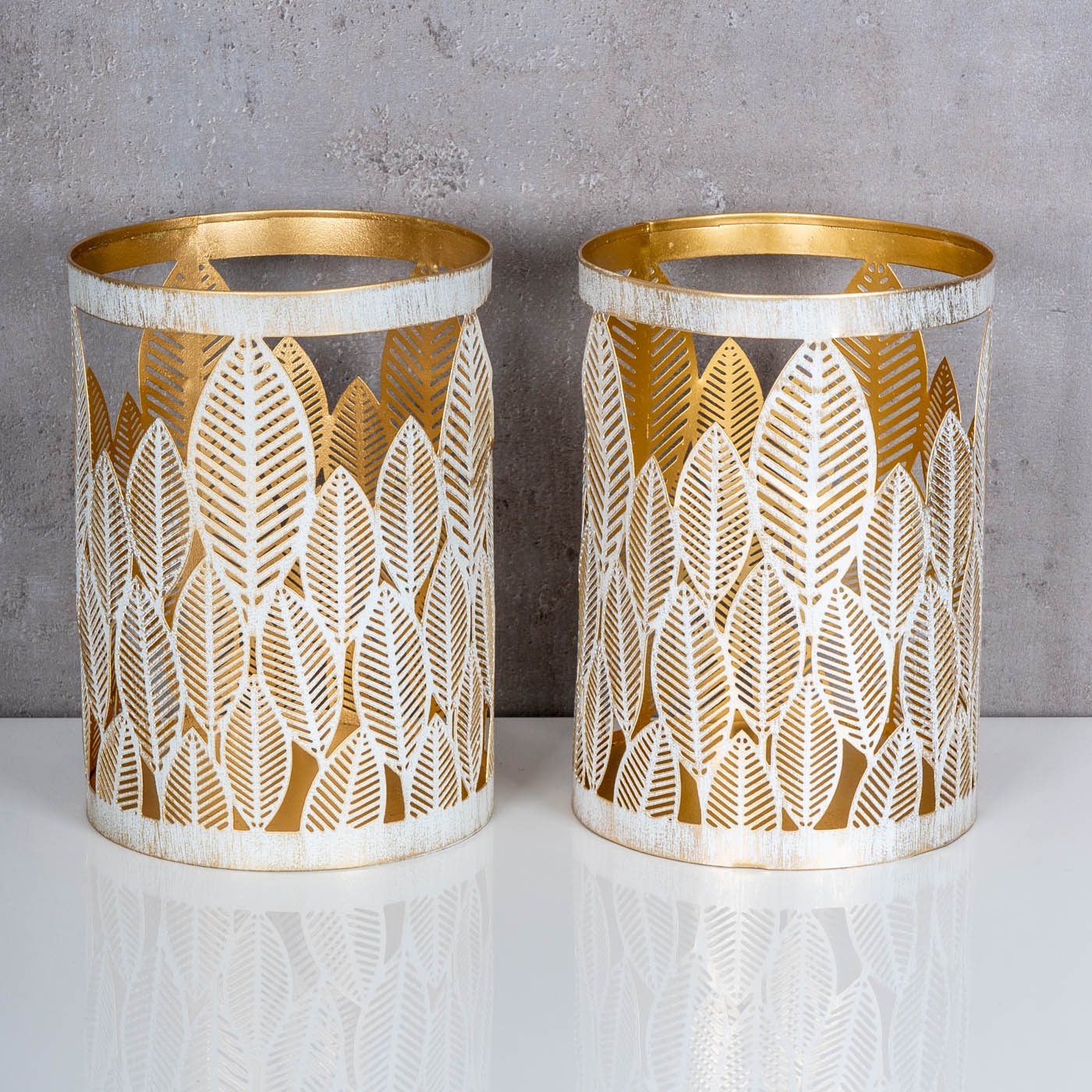 2er Set Windlicht 13x18cm Weiß Gold Metall Teelichthalter Blattdekor Tischdeko