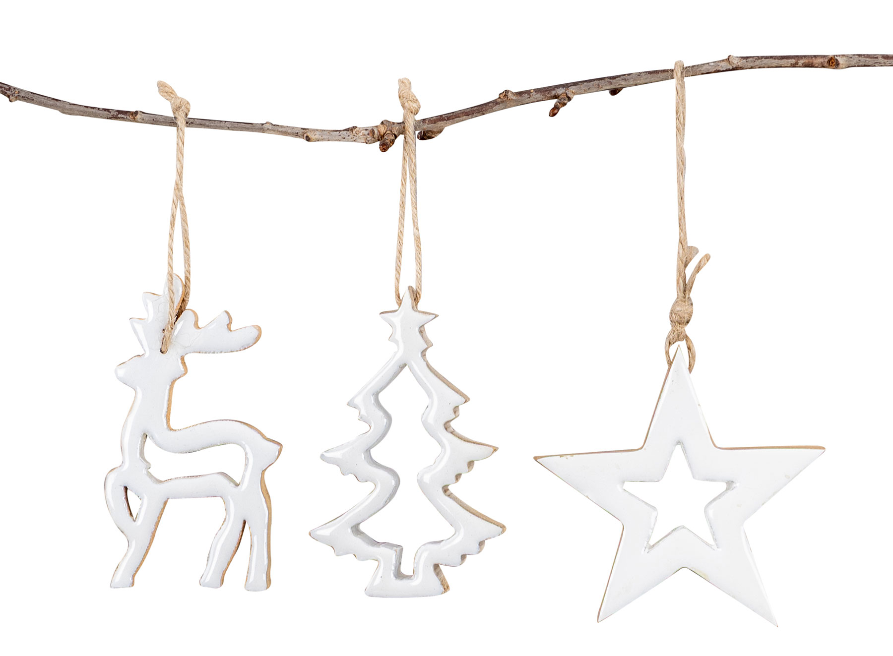 3 Weihnachtsanhänger Holz Natur Weiß Baumschmuck Weihnachtsbaum Stern Hirsch Deko