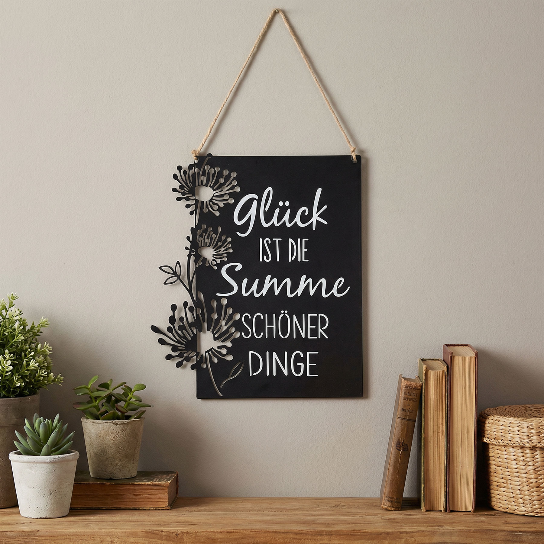 Wandbild Metall Glück Schwarz Spruch Blumen Wanddeko Metallschild Jute Wohndeko