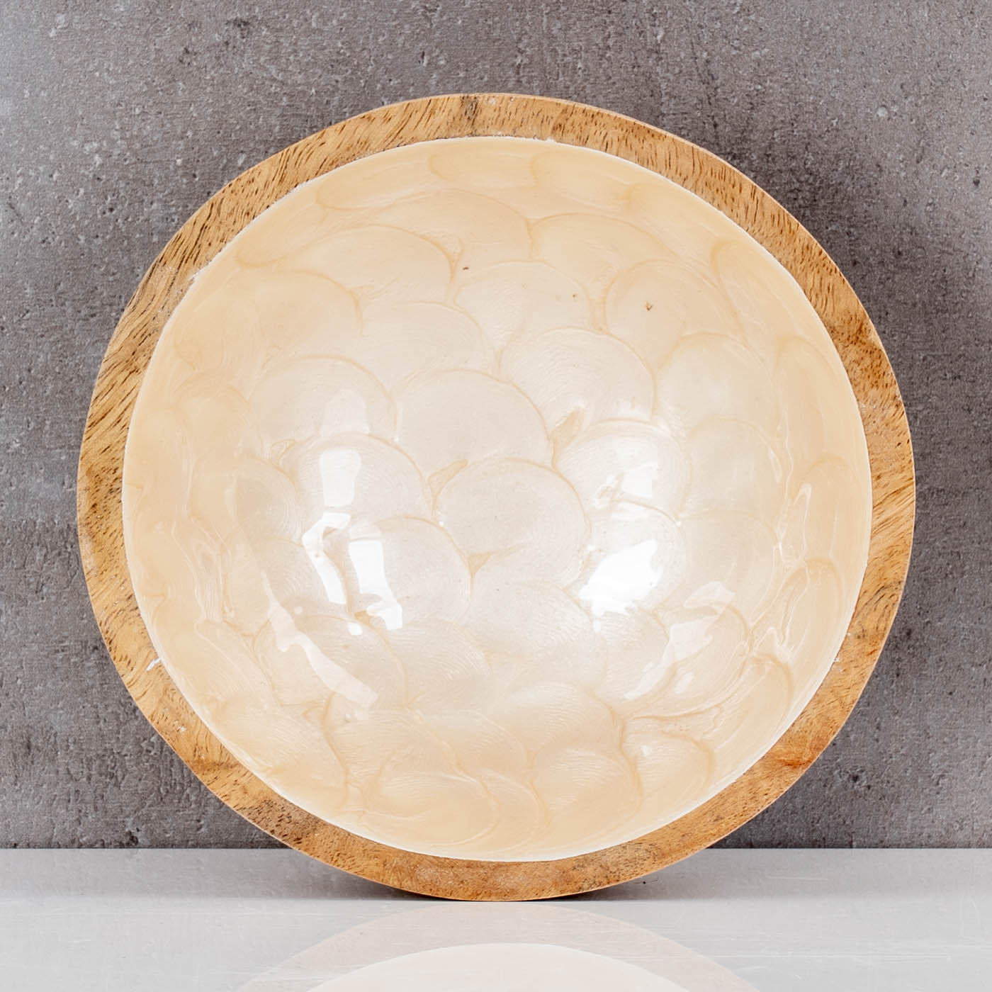 Schüssel 15cm Mango Holz Creme Perlmutt Emaille Schale Bowl Salatschüssel Deko