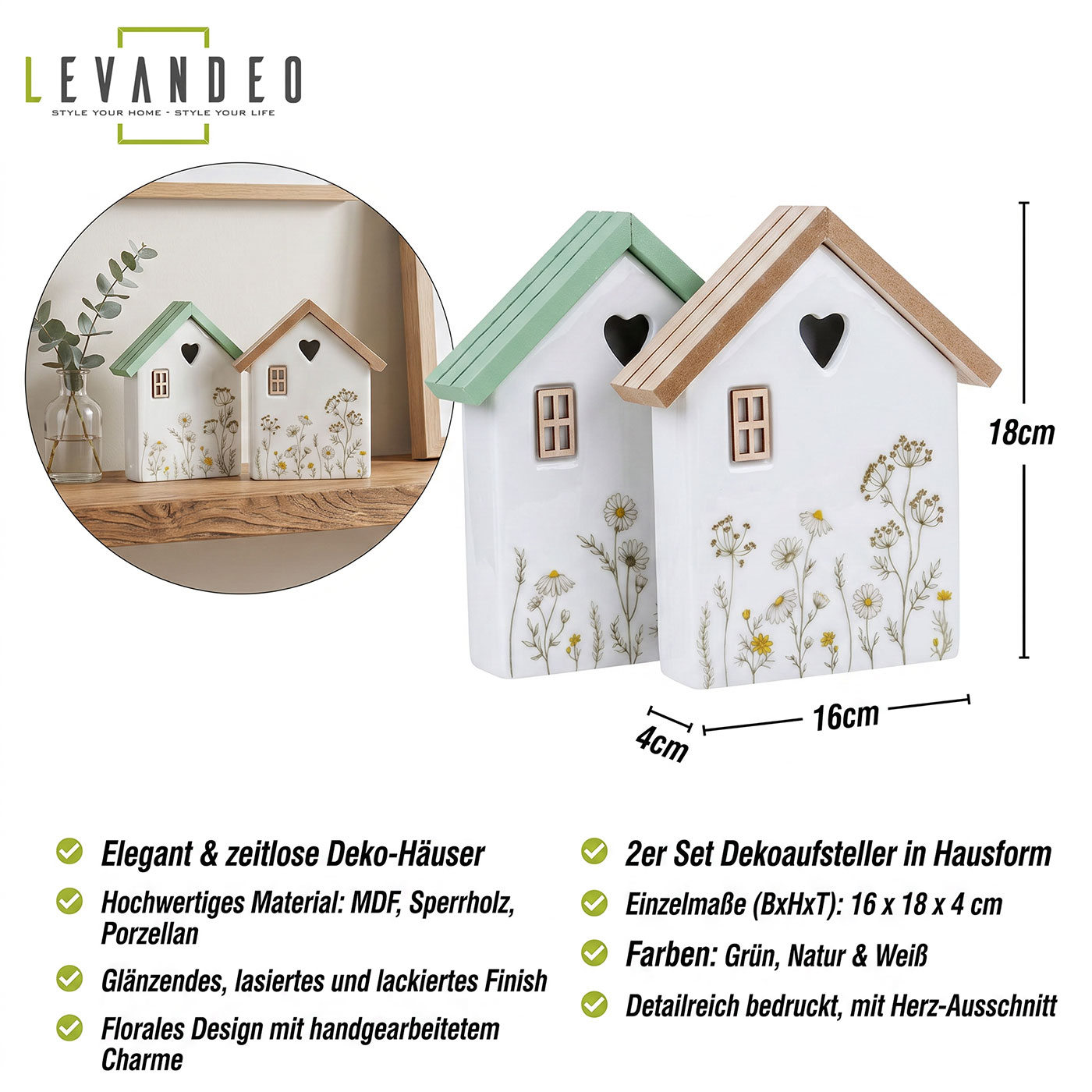 2er Set Deko Aufsteller Haus H18cm Porzellan MDF Holz Blumen Tischdeko Frühling