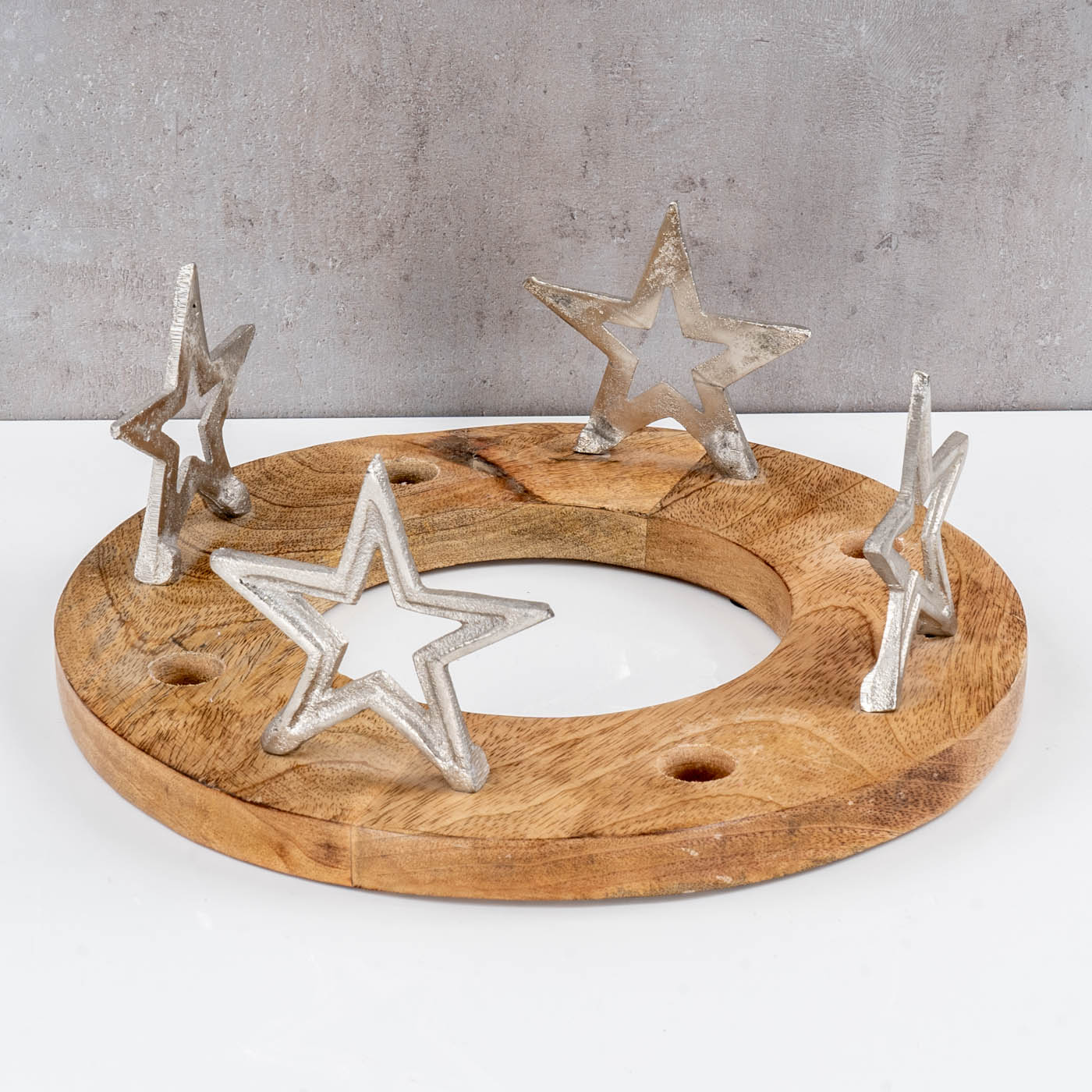 Adventskranz ø30cm Mango Holz Silber Natur Stabkerzen-Halter Sterne Weihnachten