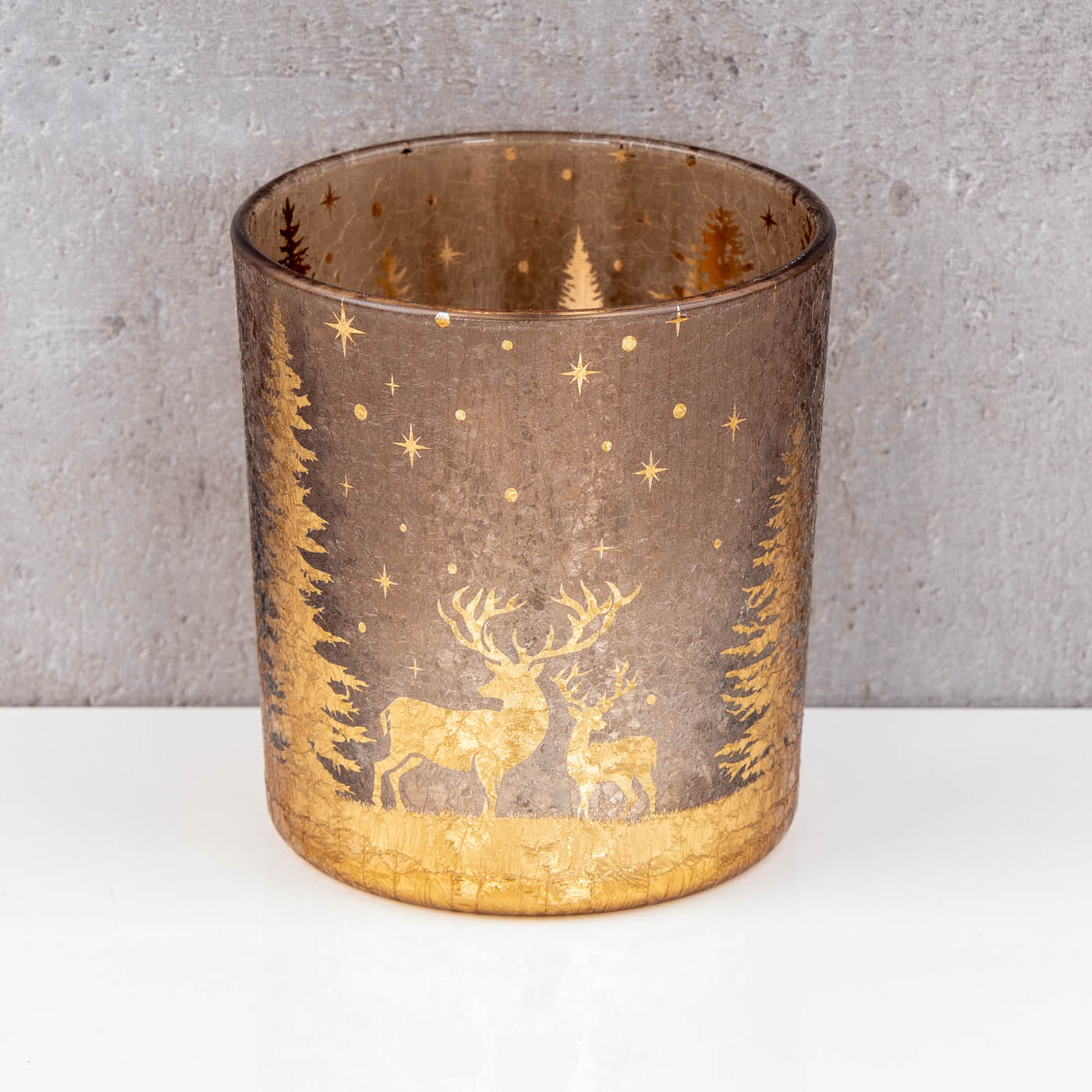 2er Set Teelichthalter Gold Braun Winter Landschaft Glas Kerzenhalter Tischdeko