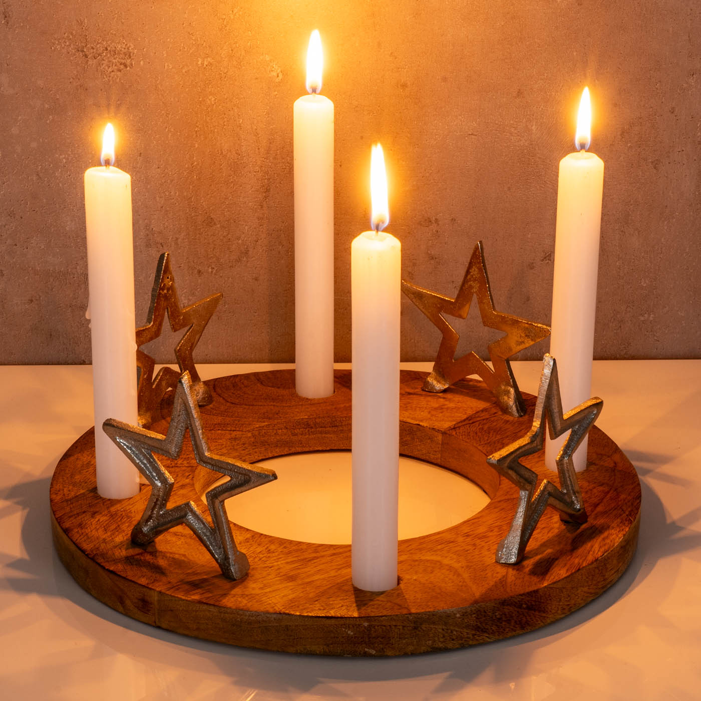 Adventskranz ø30cm Mango Holz Silber Natur Stabkerzen-Halter Sterne Weihnachten