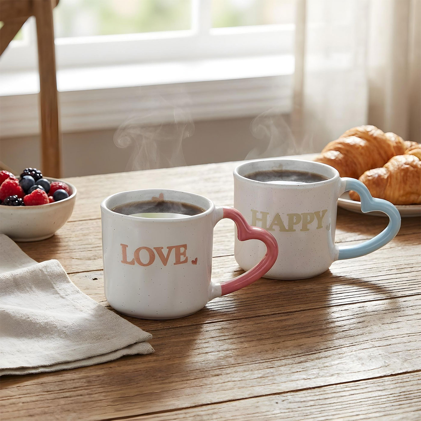 2er Set Tassen Steingut 350ml Herz Happy Love Kaffeebecher Kaffeetasse Geschenk