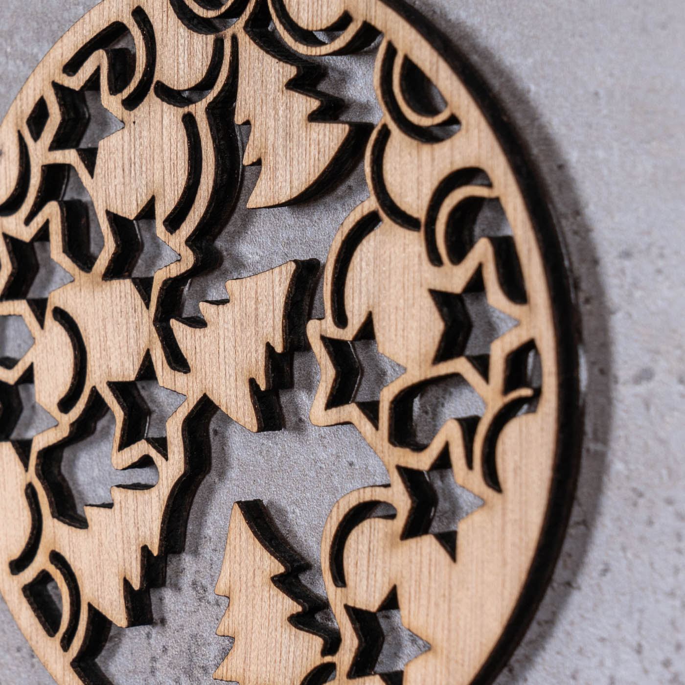 3er Set Deko-Anhänger Weihnachten Holz Birkenholz Eiskristall Kugel Baumschmuck